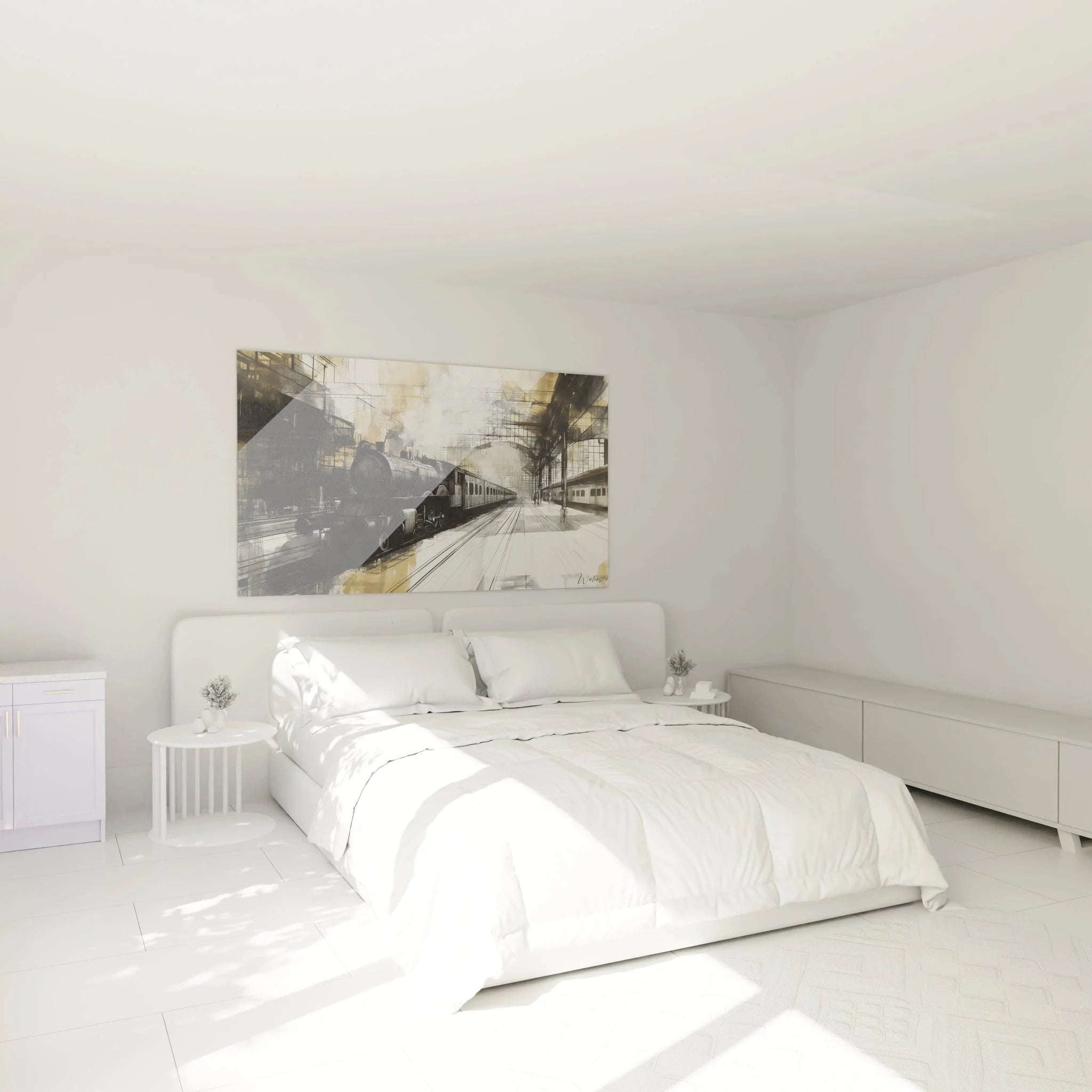 Wandbild XXL Eisenbahn im Schlafzimmer - Dampfzug Bahnhof Dekoration für moderne Wohnräume