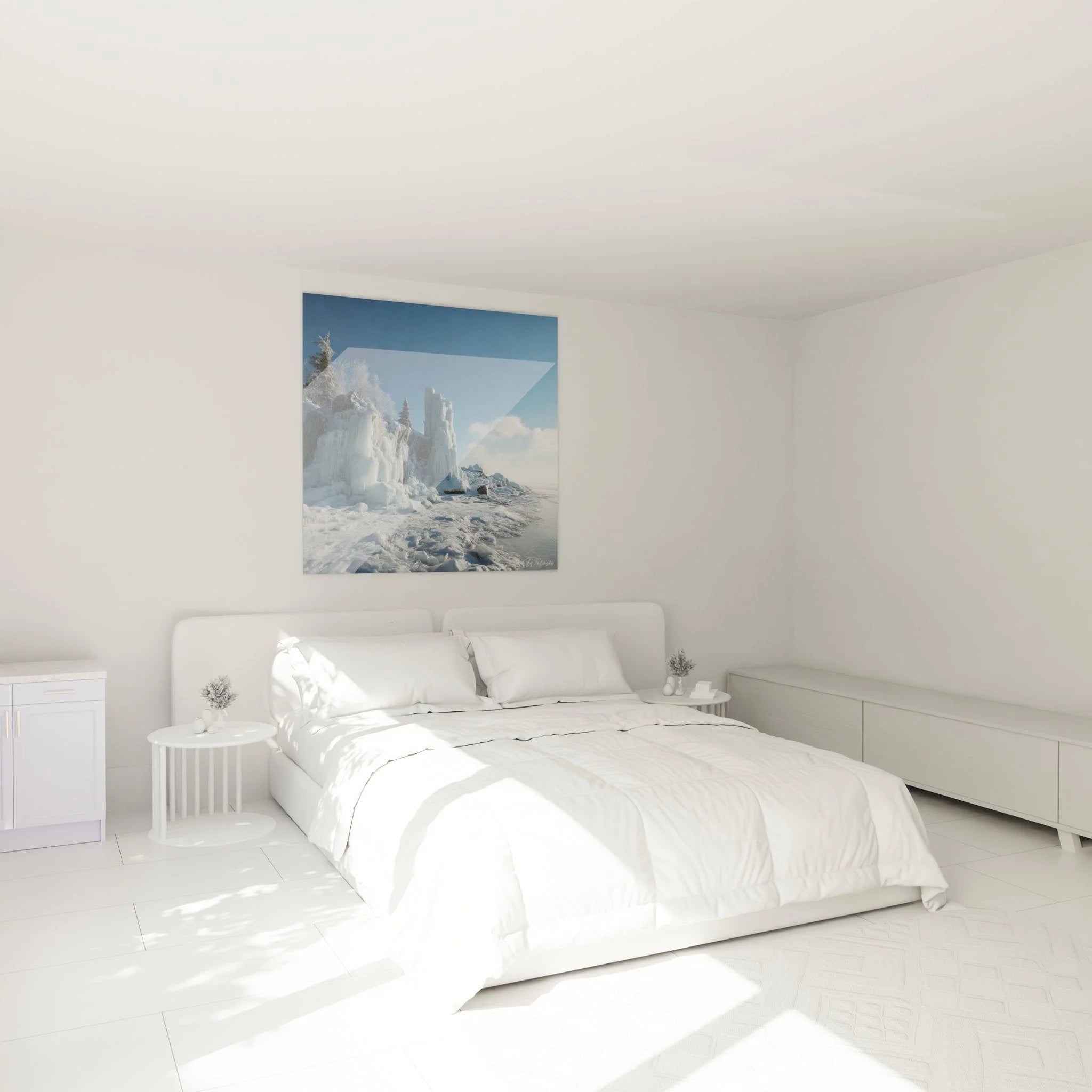 Wandbild XXL Winterlandschaft mit Eisformationen als stilvolle Wanddekoration im modernen Schlafzimmer
