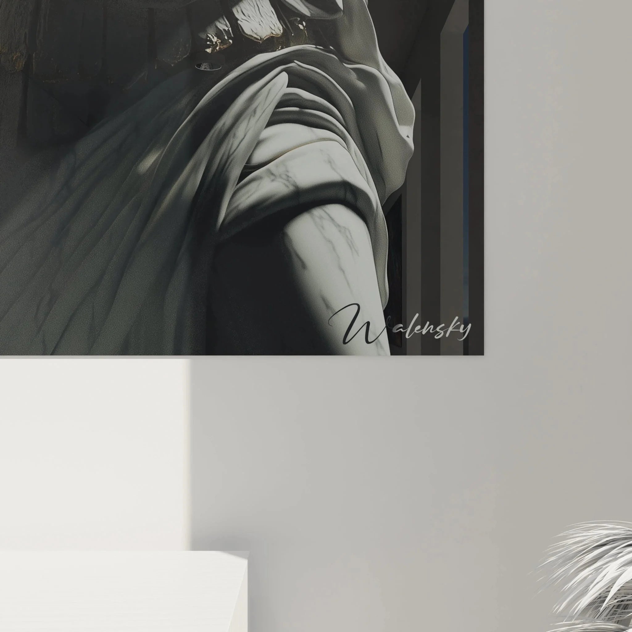 Wandbild Engel XXL Gesamtansicht - monumentaler schwarz-weißer Erzengel als beeindruckende Wanddekoration