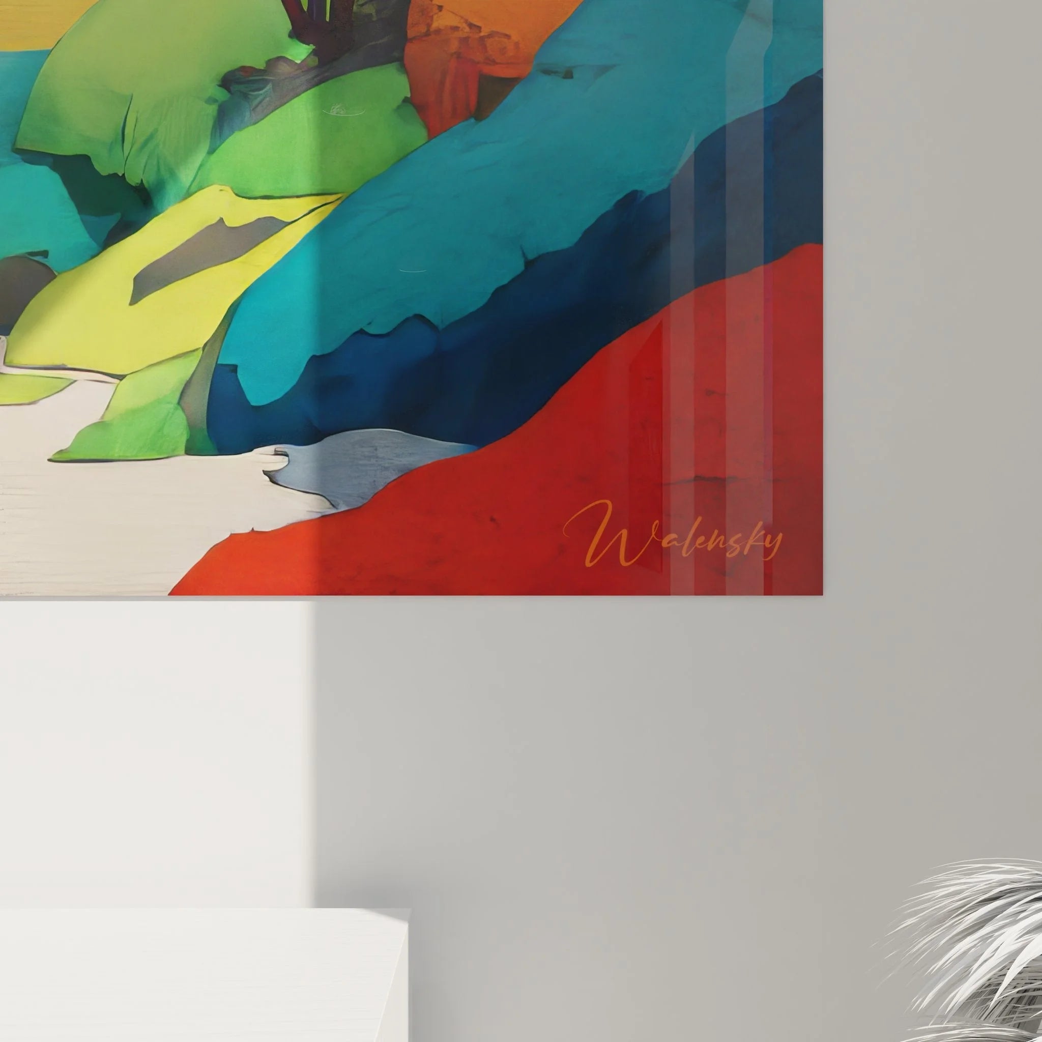 Gesamtansicht Wandbild XXL Fantasielandschaft - komplette bunte Bergwelt mit goldenem Himmel und Bäumen