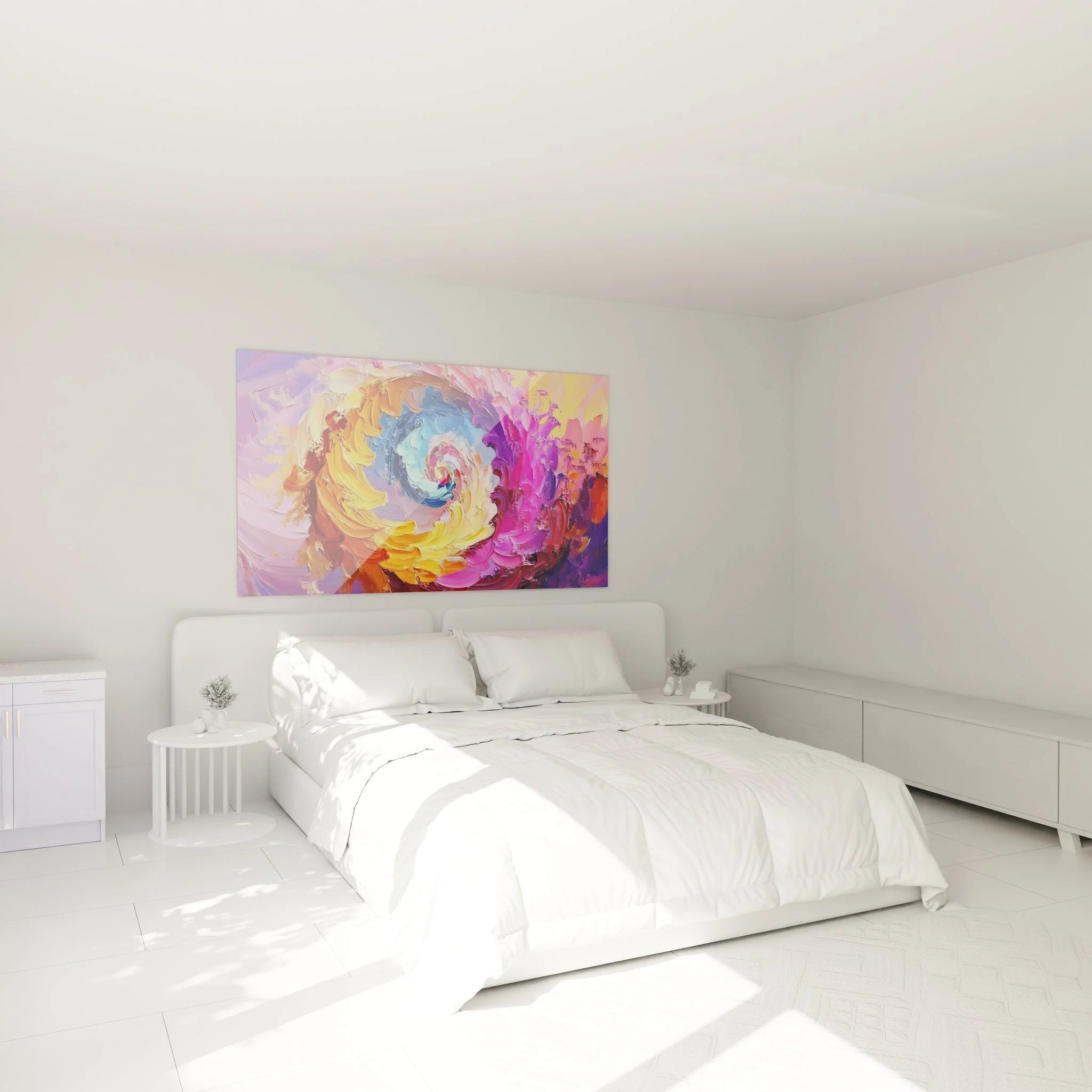 Wandbild XXL Farbspirale im Schlafzimmer - moderne Wanddekoration mit abstrakten Spiralen