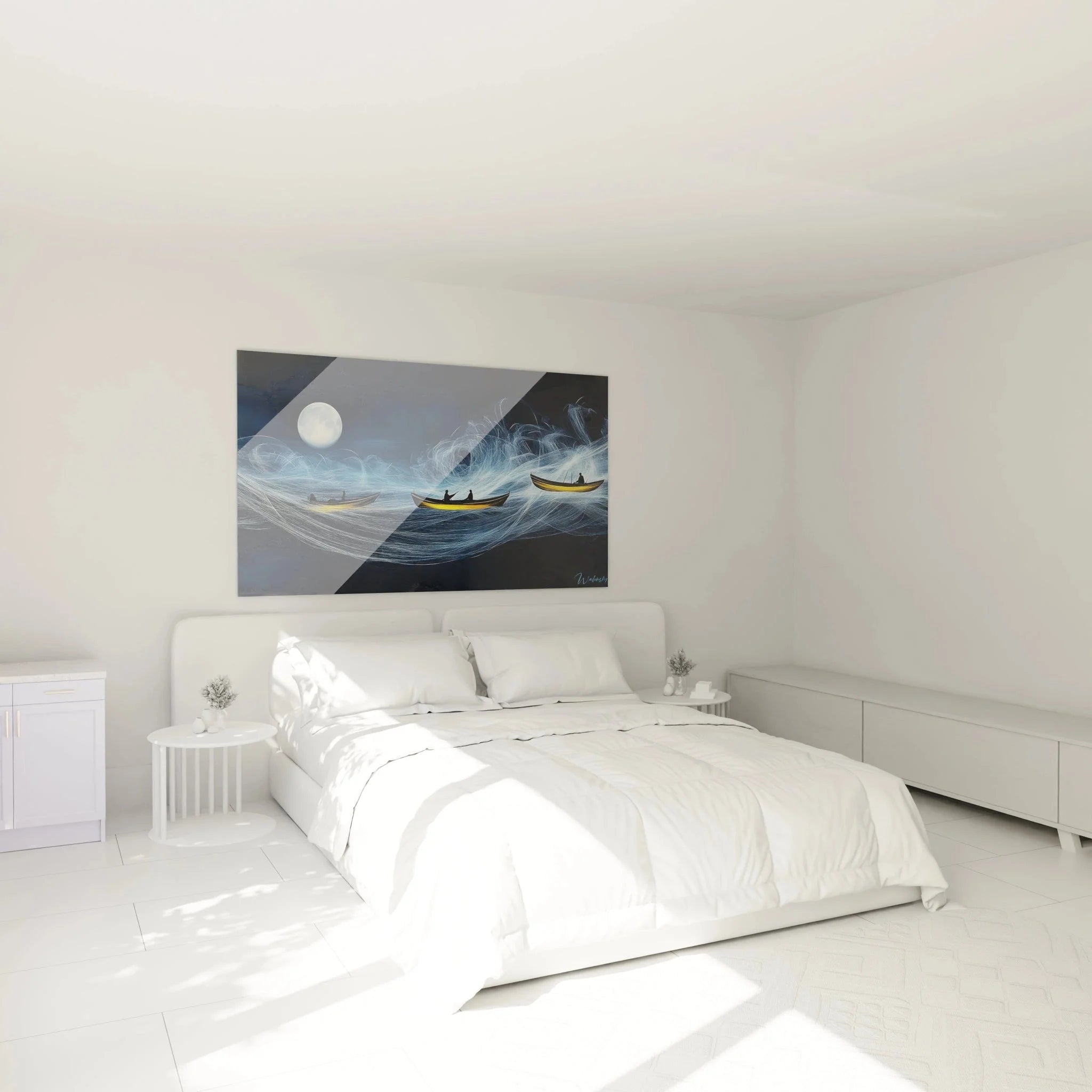 Wandbild XXL Mondschein Fischerboote in modernem Schlafzimmer als maritime Wanddekoration