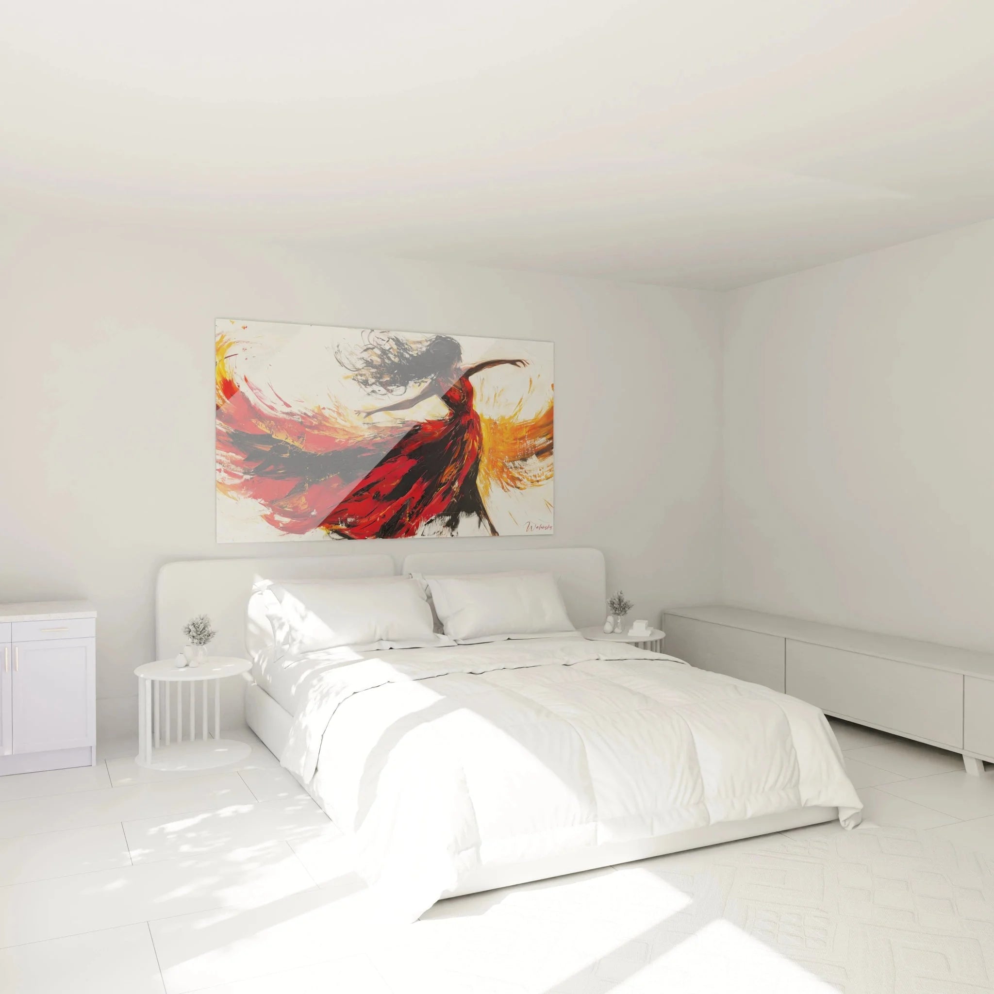 Wandbild Flamenco Tänzerin XXL in modernem Schlafzimmer über dem Bett als Wanddekoration