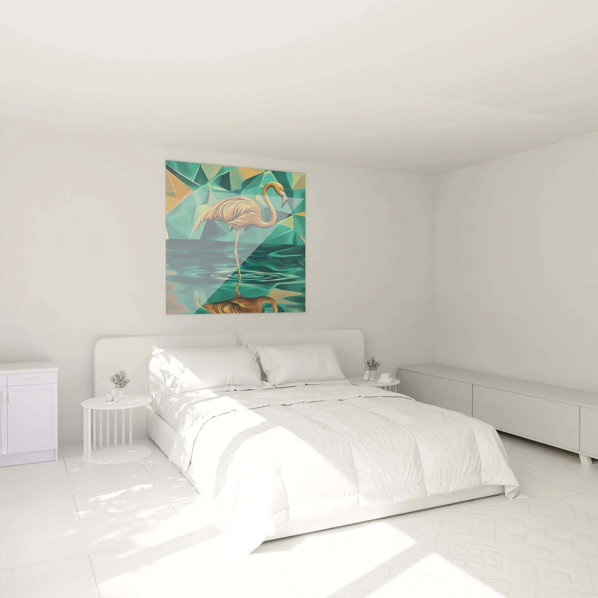 Modernes Wandbild XXL Flamingo im Schlafzimmer mit geometrischem Design in Gold und Türkis