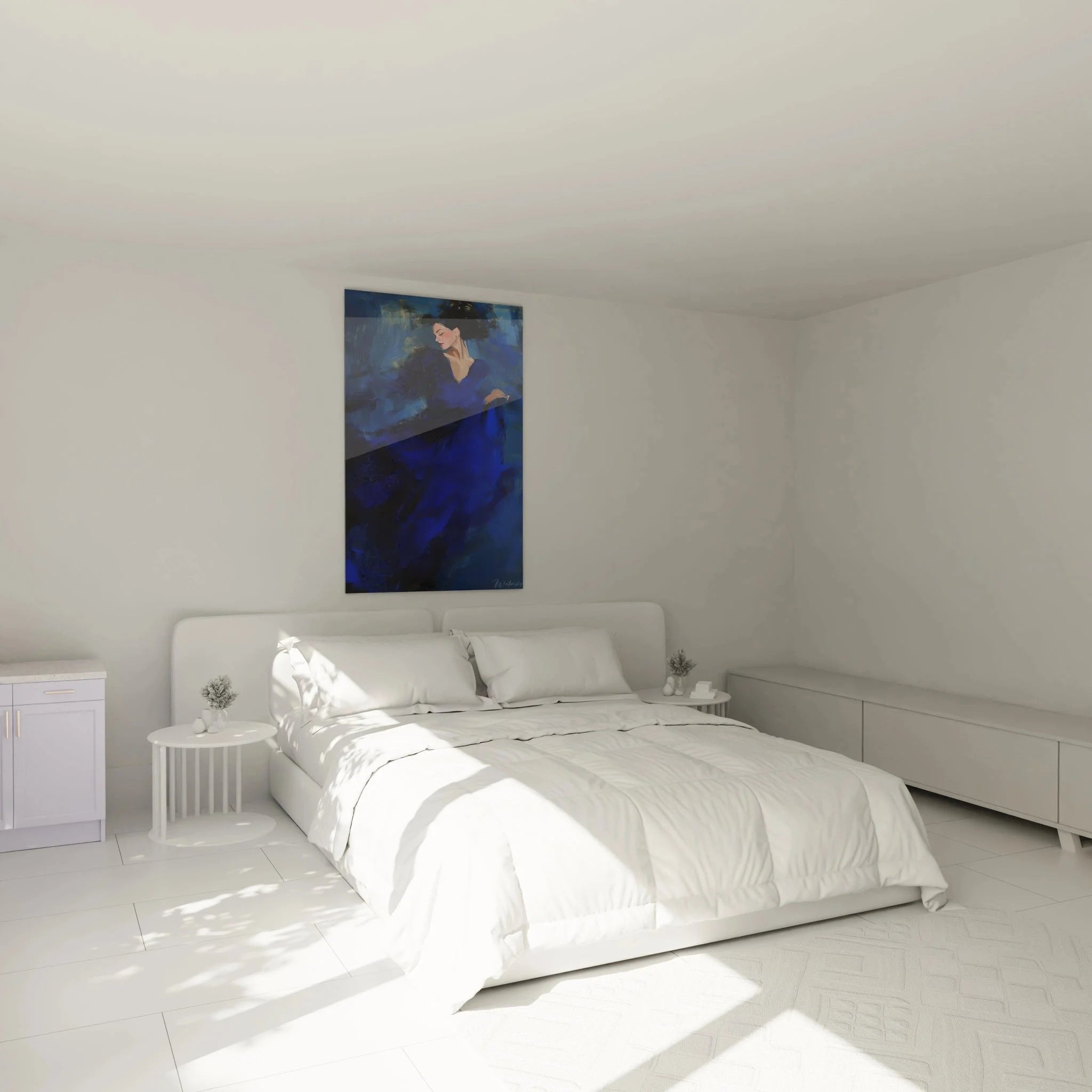 Wandbild XXL Frau blau Schlafzimmer Ambiente - Premium Leinwanddruck Portrait moderne Wanddeko