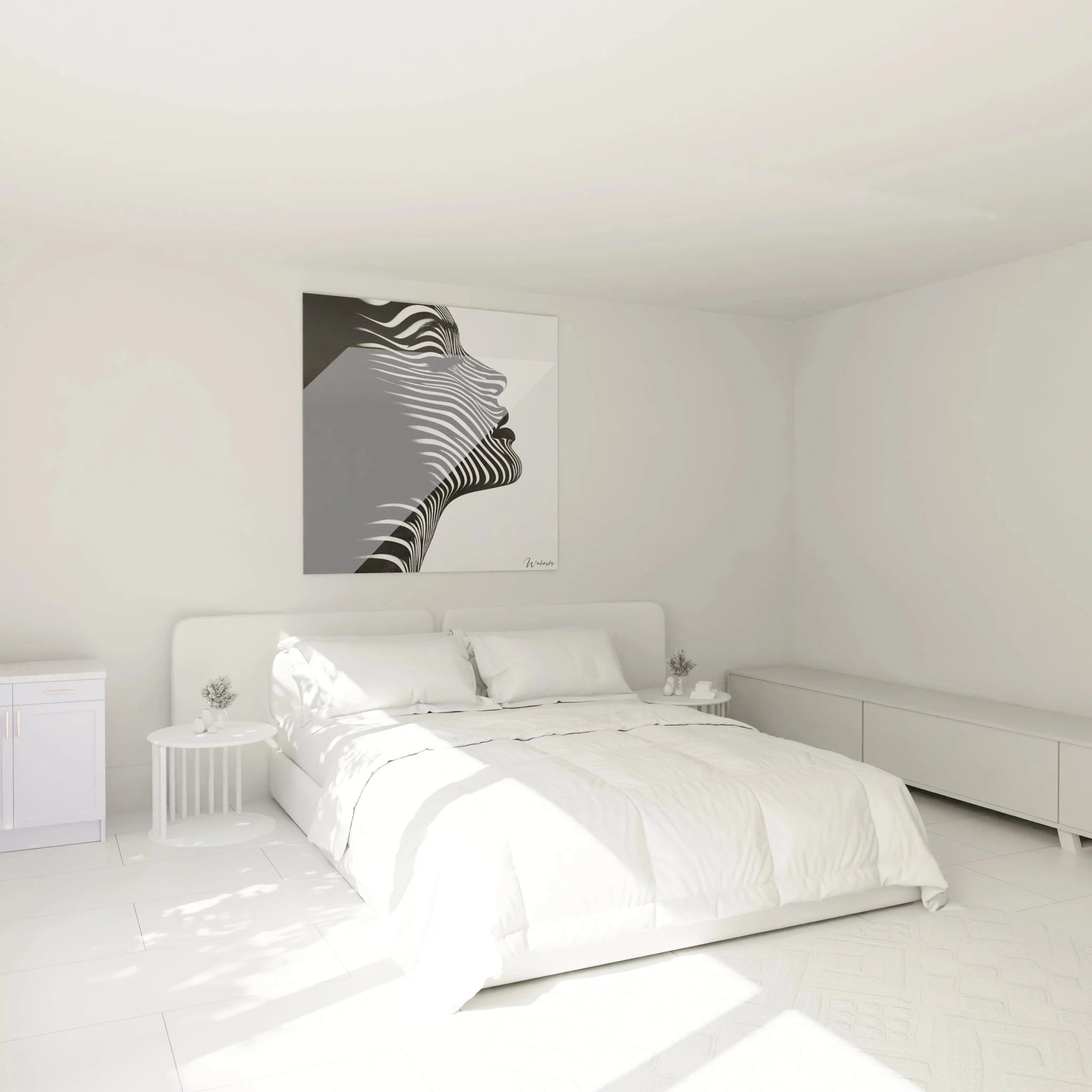 Elegantes Wandbild XXL Frauenprofil schwarz-weiß Streifen in stilvollem Schlafzimmer