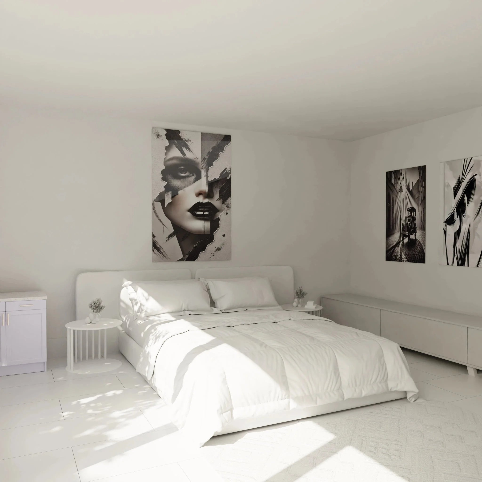 Wandbild XXL Frau in Schlafzimmer Ambiente, schwarz-weiß Portrait als stilvolle Wanddekoration