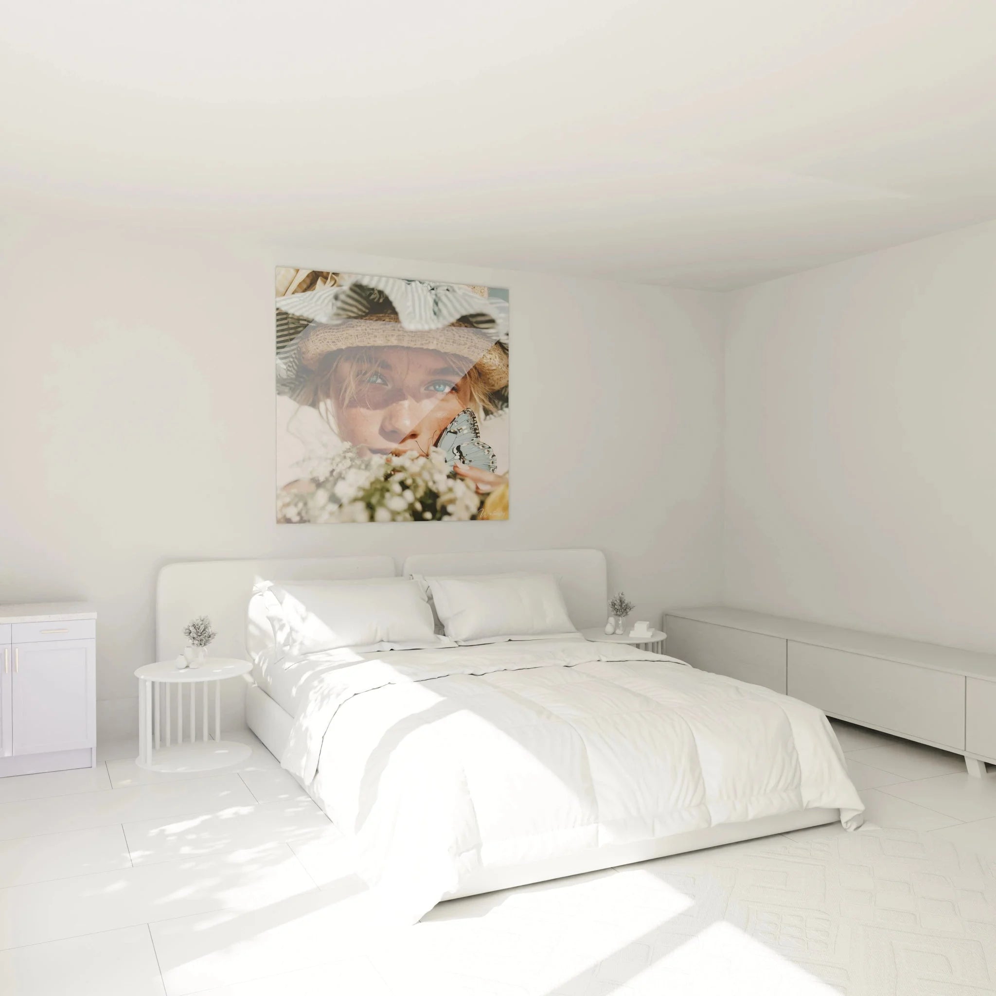 Wandbild XXL Frau Schmetterling in modernem Schlafzimmer, Sommer Wanddekoration als stilvolle Raumdekoration