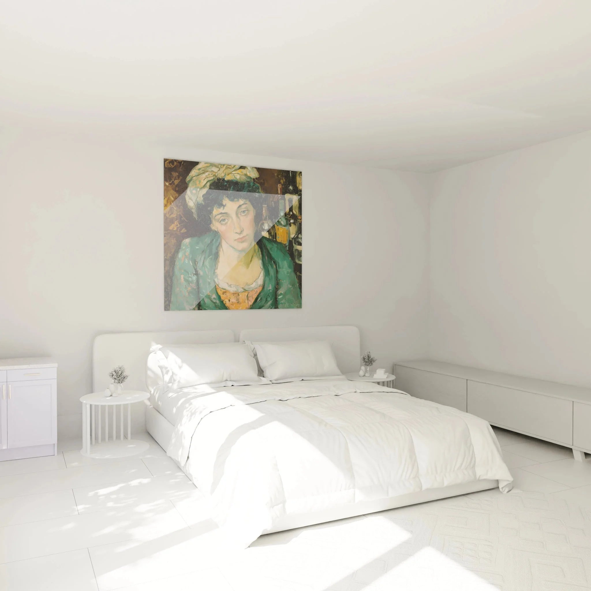 Postimpressionistisches Wandbild Frauenporträt als XXL Kunstdruck in modernem Schlafzimmer