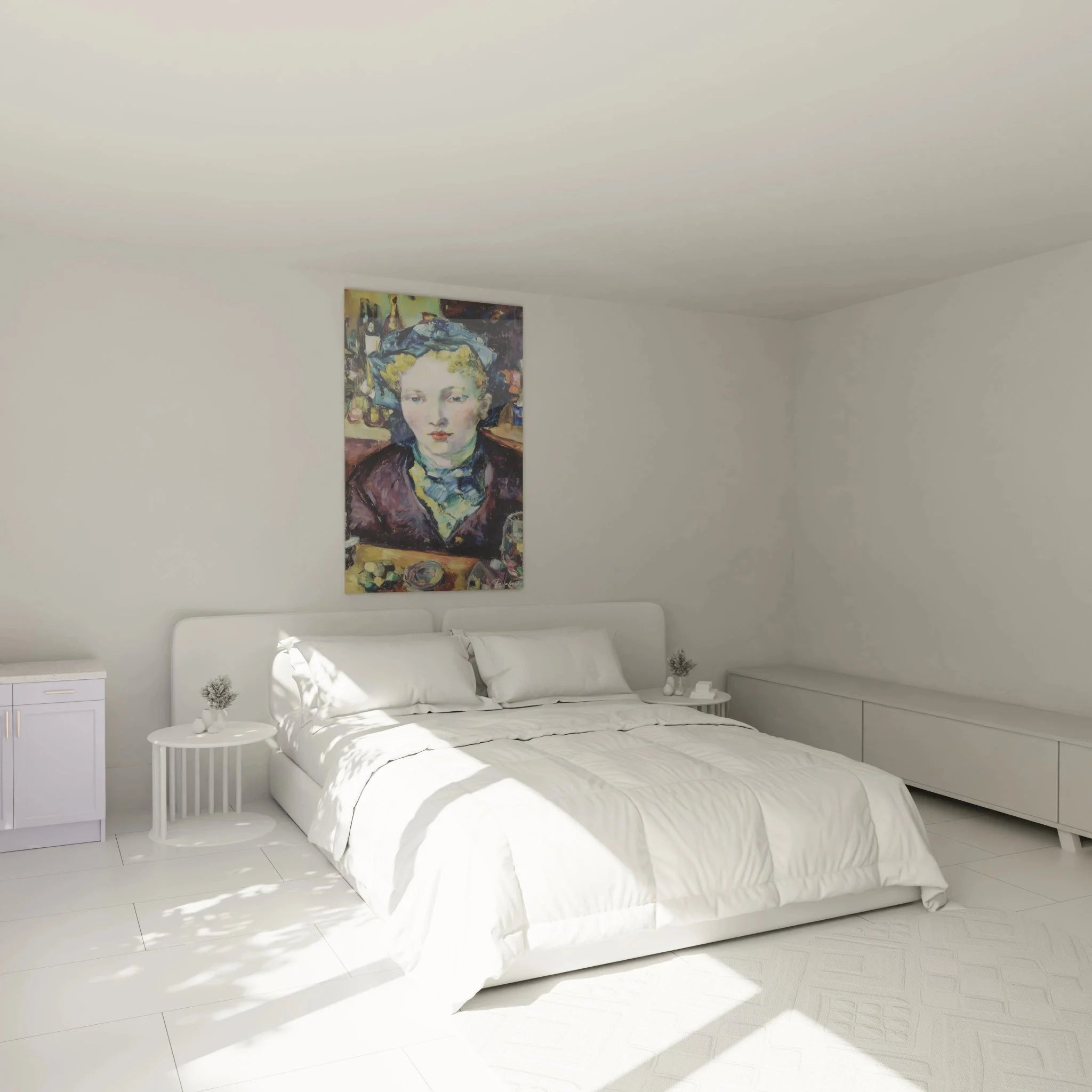 Wandbild XXL Frauenporträt postimpressionistisch im Schlafzimmer über dem Bett platziert