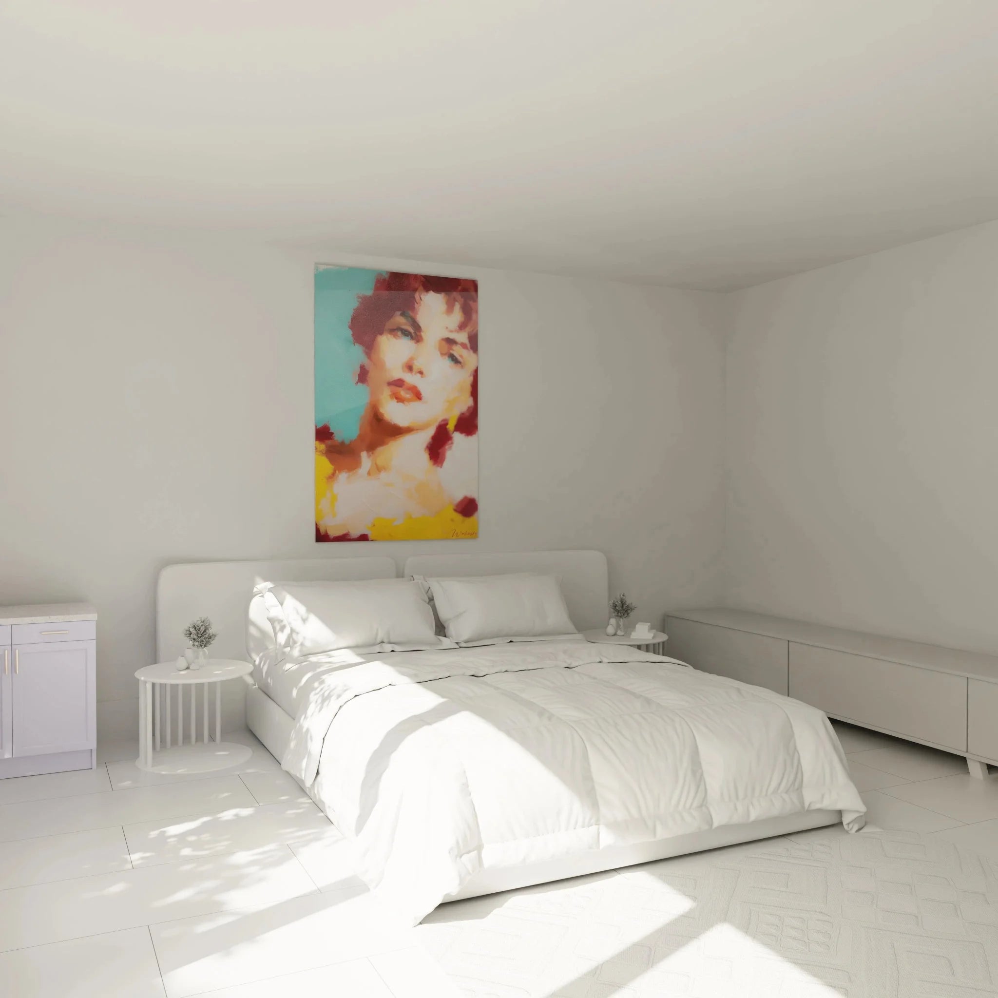 Wandbild XXL Frauenportrait impressionistisch in elegantem Schlafzimmer Ambiente moderne Wanddekoration