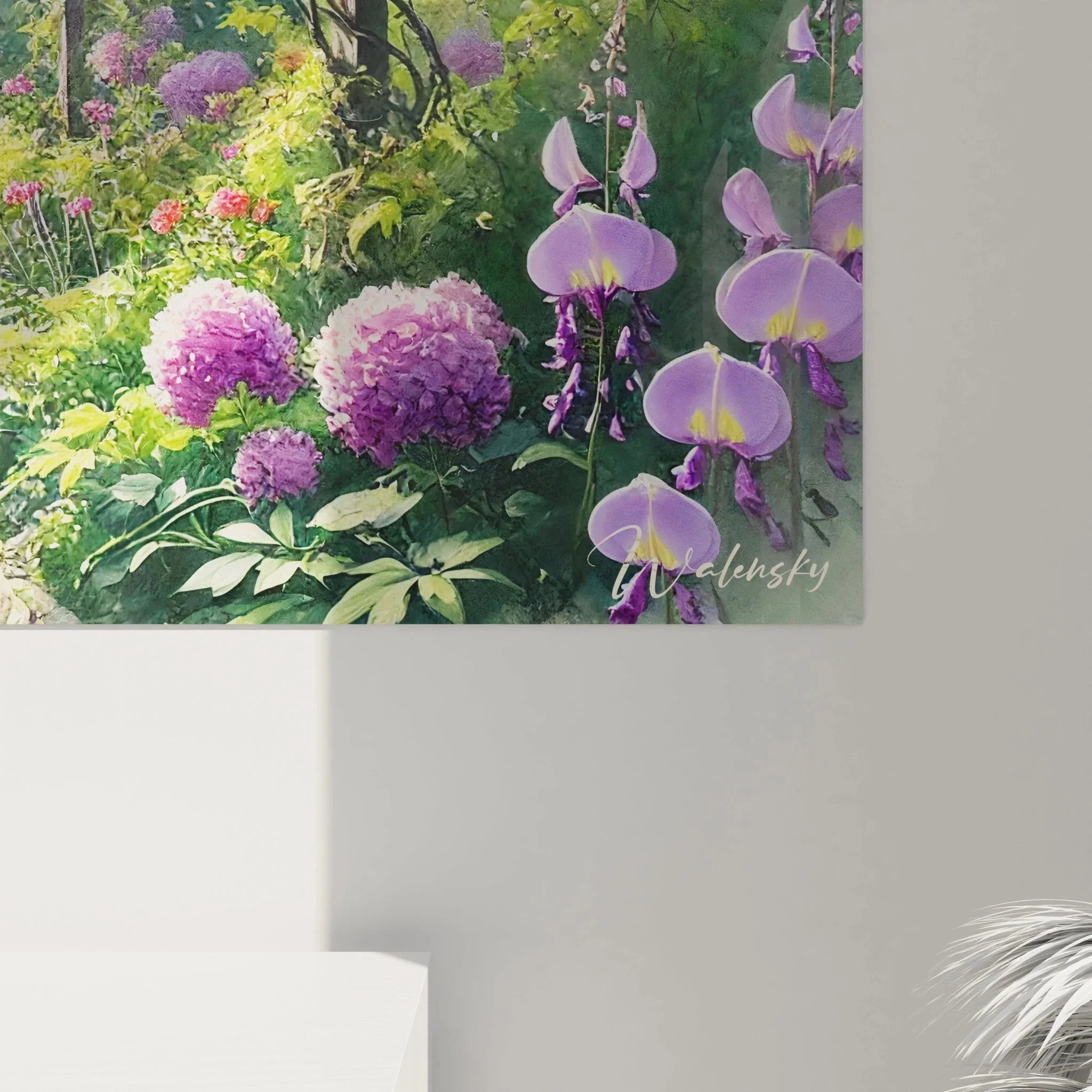 Gesamtansicht Wandbild XXL Frühlingslandschaft mit Wisteria Garten und romantischem Natursteinweg