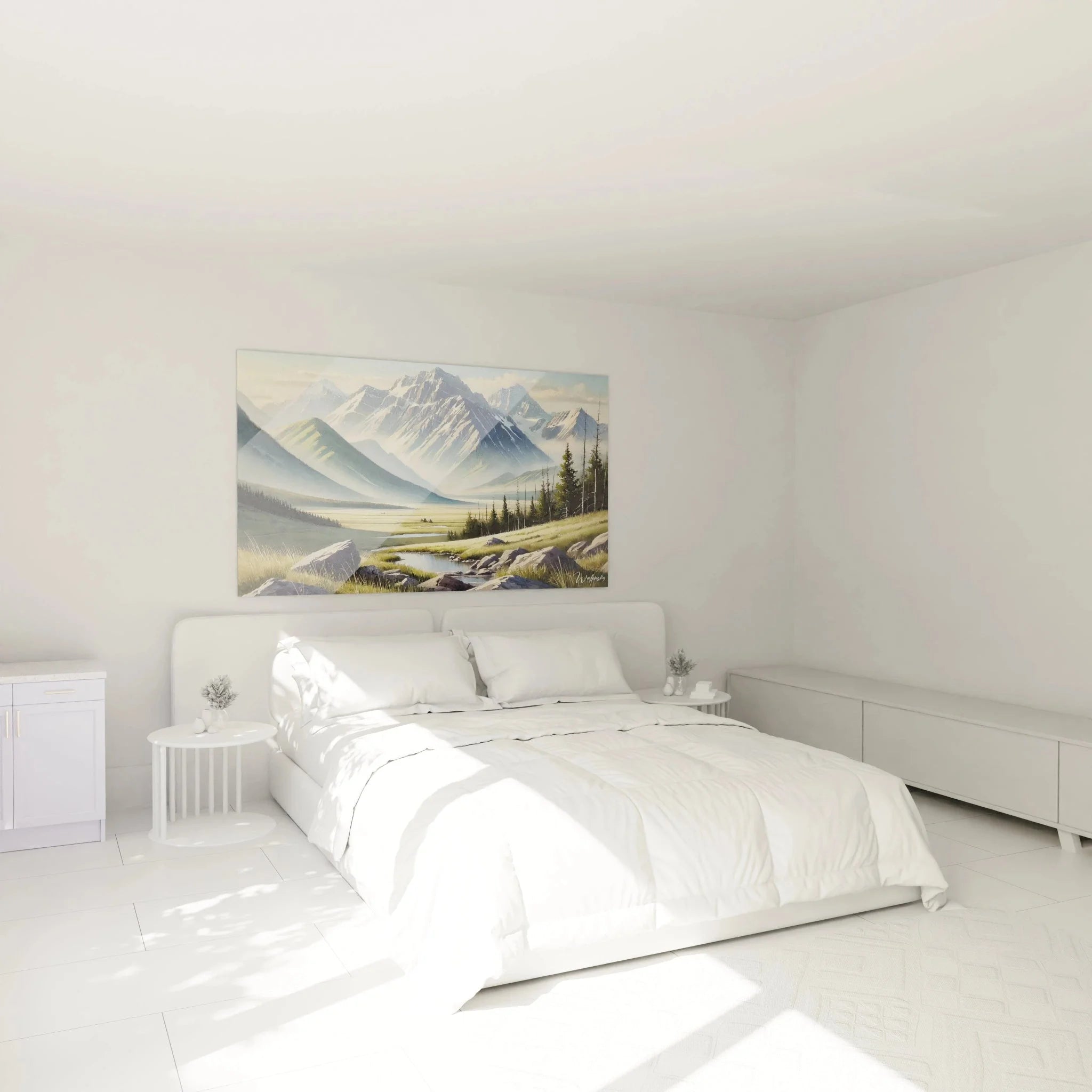 Wandbild XXL Gebirge in elegantem Schlafzimmer als stilvolle Bergmotiv Wanddekoration