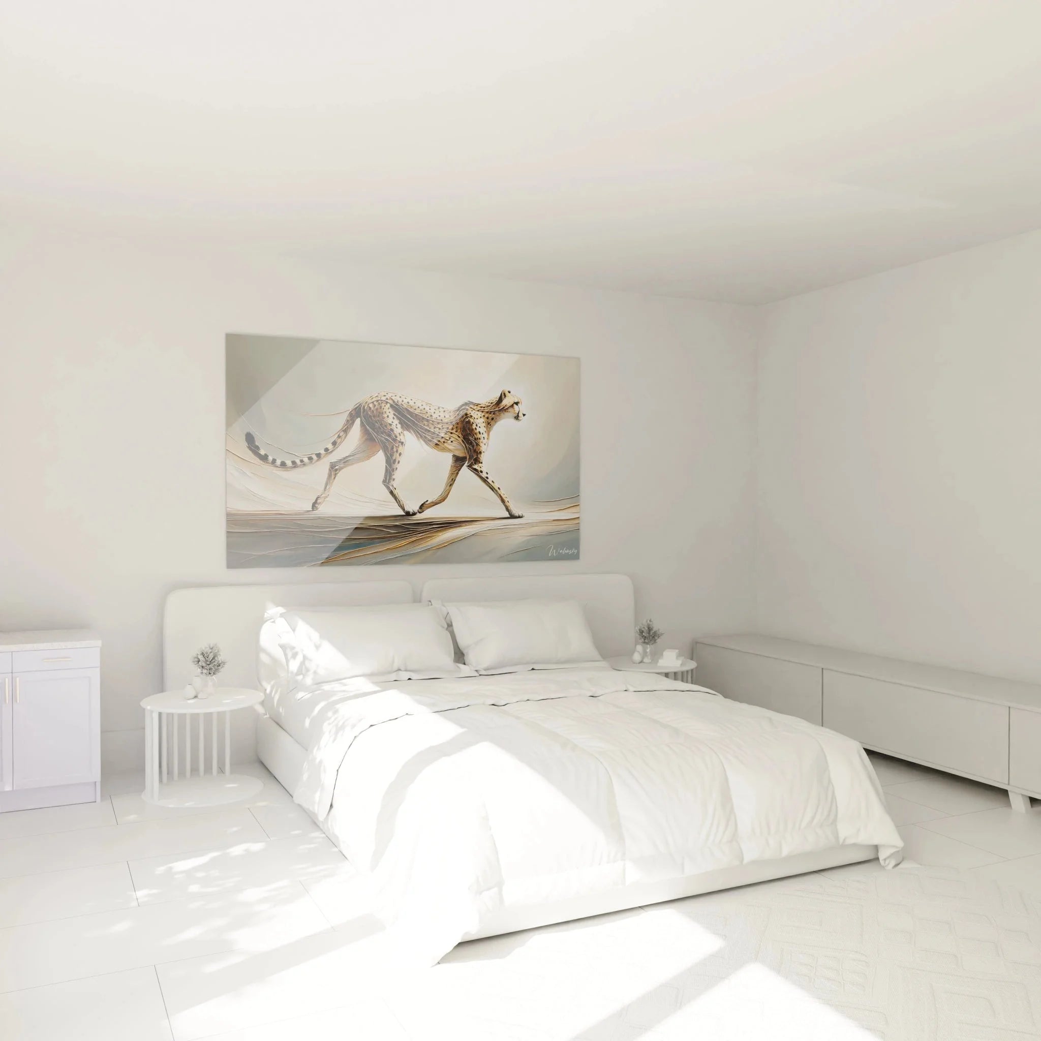 Wandbild XXL Gepard im Schlafzimmer Ambiente mit modernem Interieur und eleganter Wandgestaltung