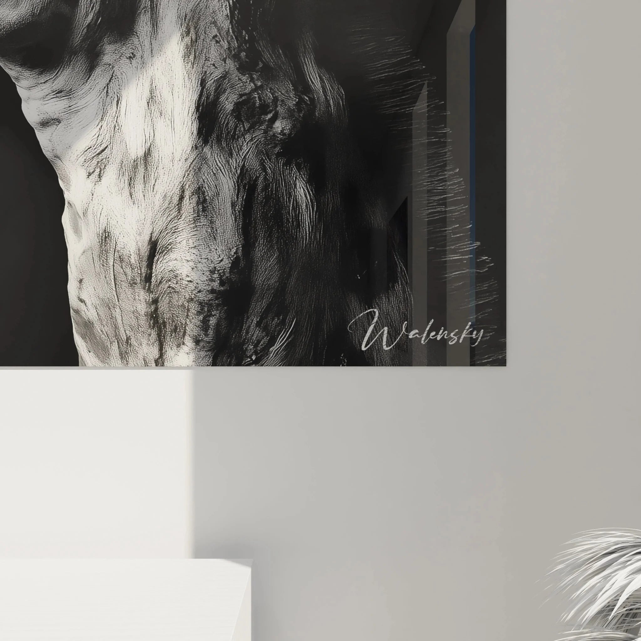 Gesamtansicht Giraffe Wandbild XXL Schwarz-Weiß als beeindruckende Wandkunst für Wohnräume