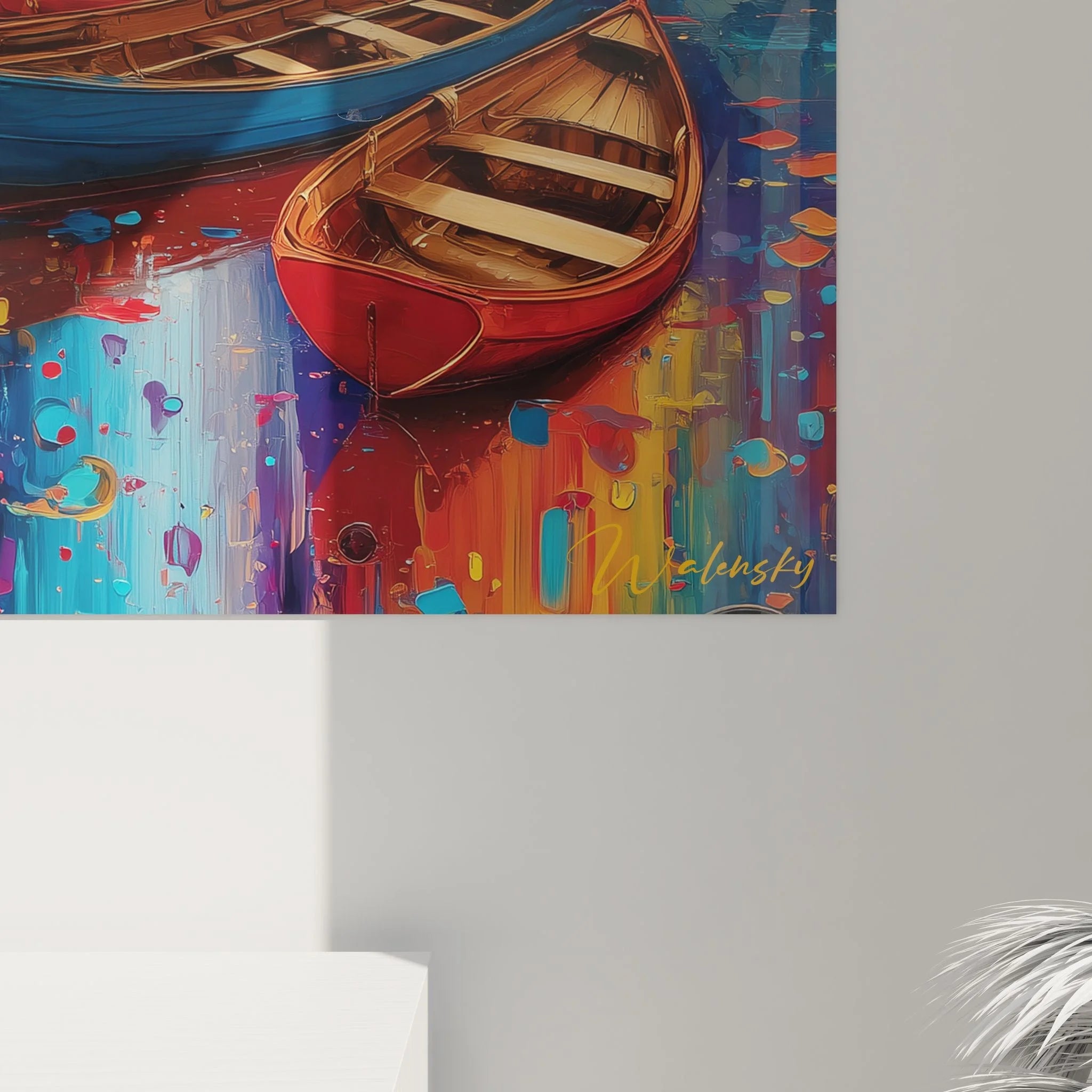 Gesamtansicht Wandbild XXL Herbstlandschaft mit Wasserfall, Booten und farbenfrohem Herbstbaum