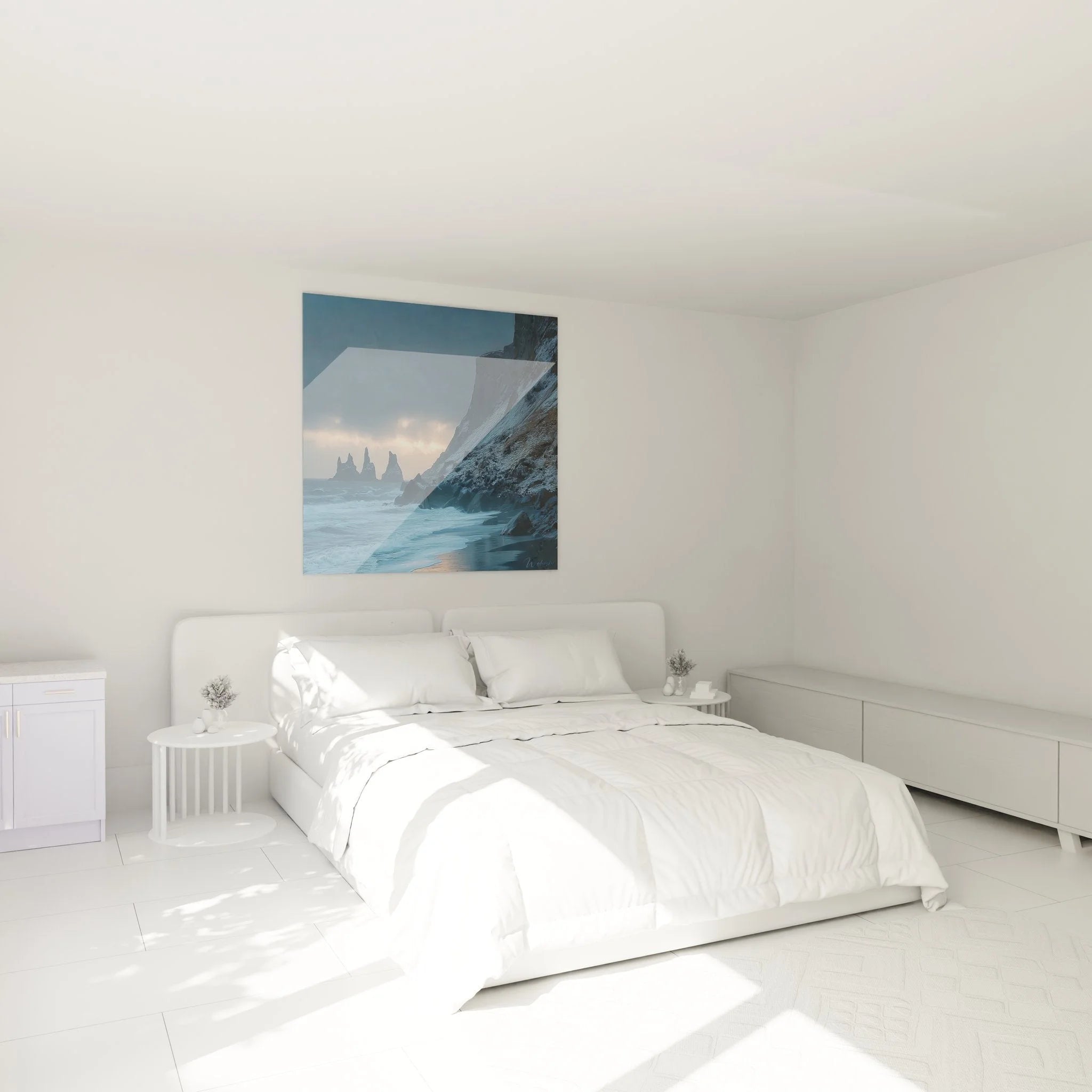 Wandbild XXL Küste Island in modernem Schlafzimmer mit Reynisdranger Felsen Motiv
