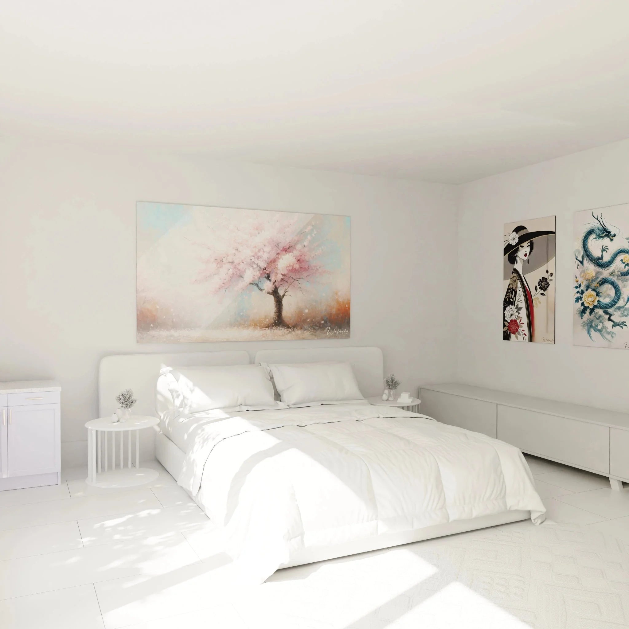 Wandbild XXL Kirschblüte über dem Bett im Schlafzimmer für entspannende Atmosphäre