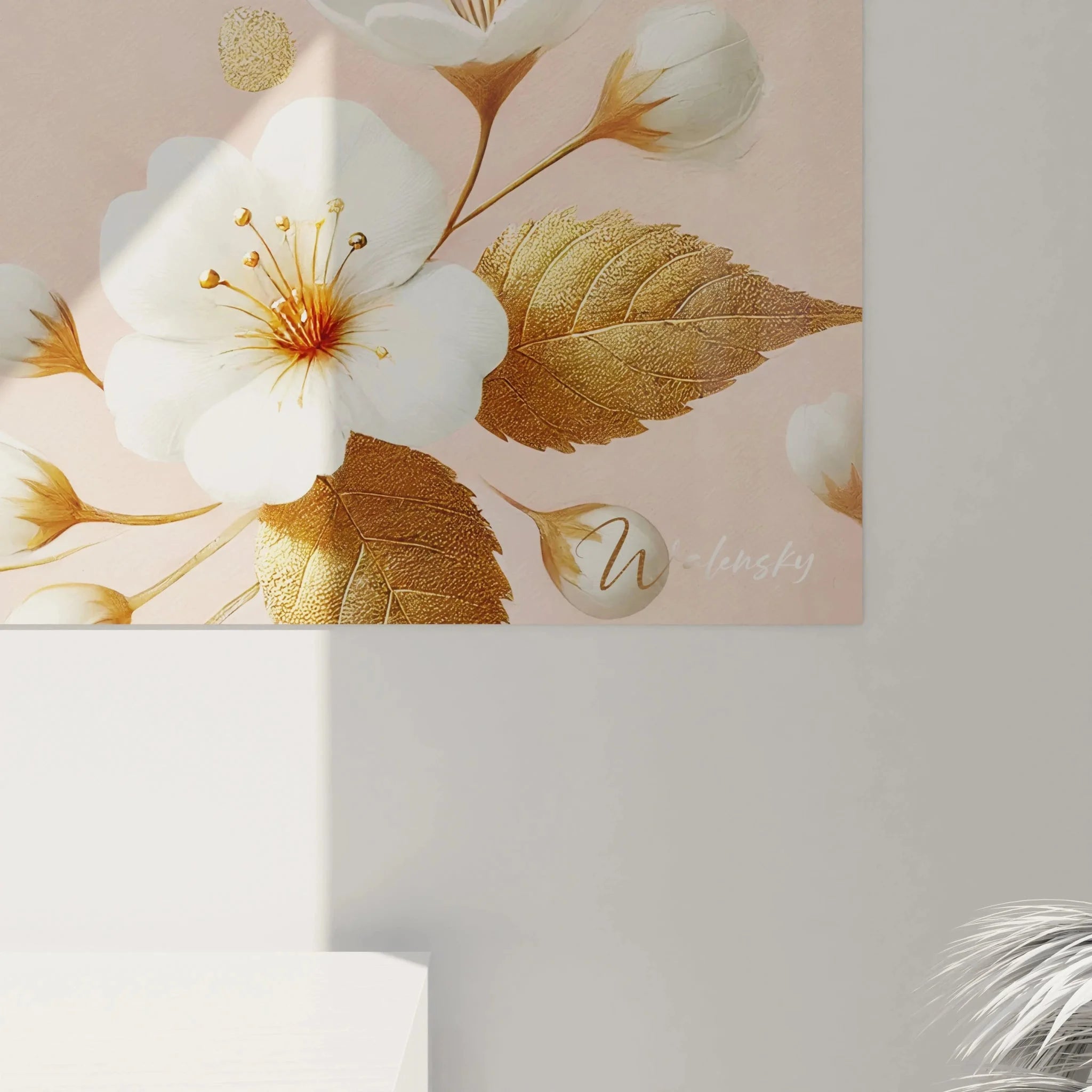 Komplettansicht Wandbild Kolibri XXL - rosa Hintergrund mit floralen Elementen und weißem Vogel