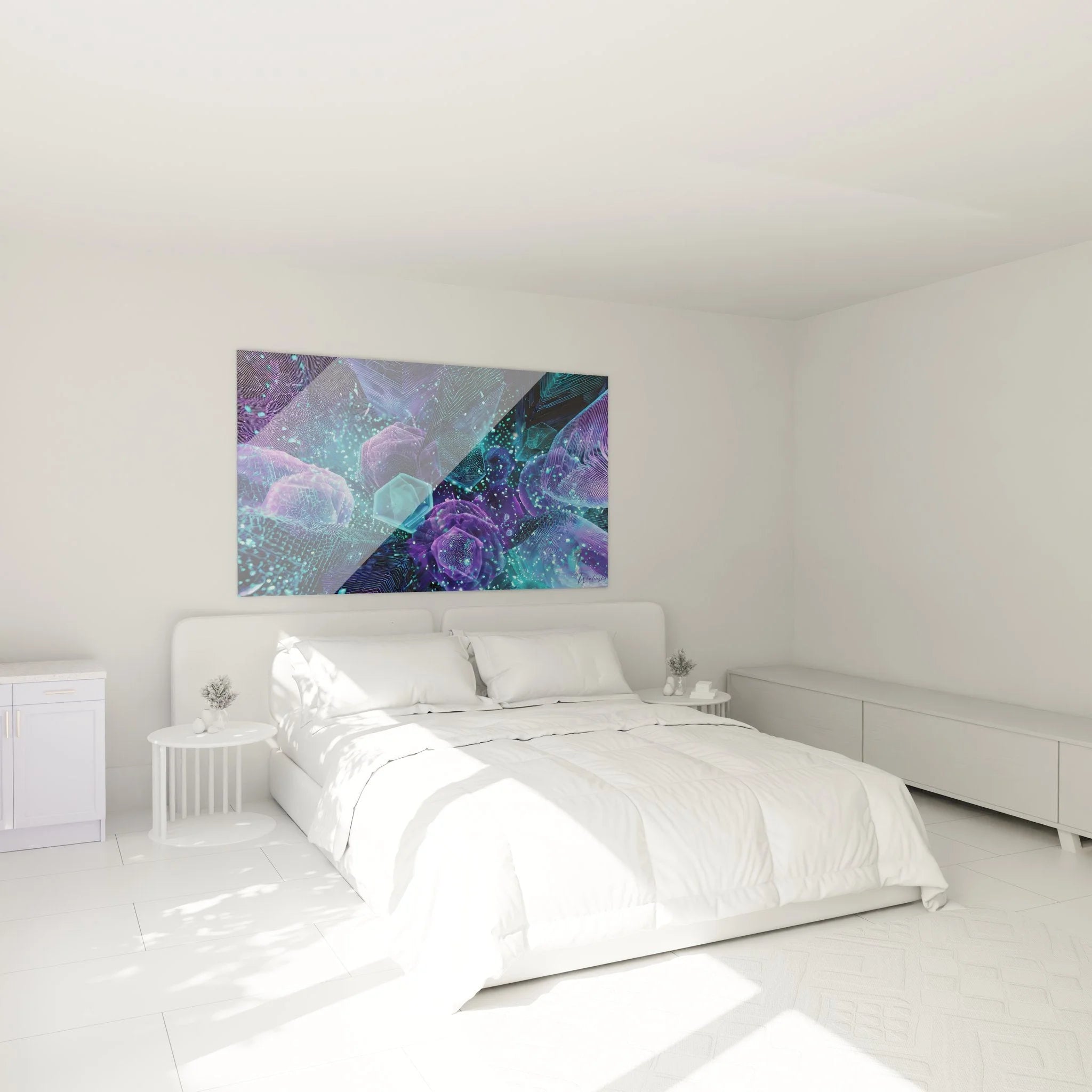 Wandbild XXL Kristalle geometrisch Schlafzimmer Ambiente lila türkis futuristische Wanddeko