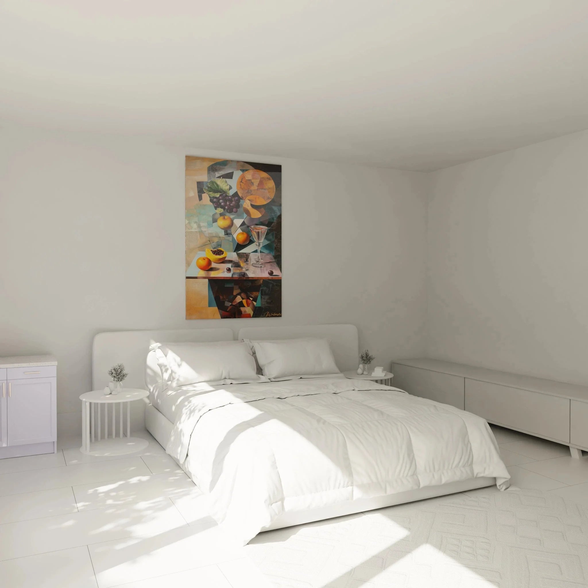 Wandbild XXL kubistisches Stillleben in modernem Schlafzimmer Ambiente