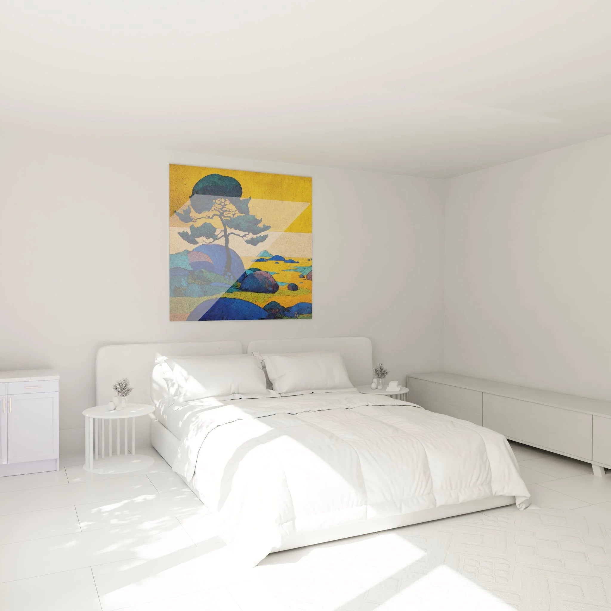 Wandbild XXL Küstenlandschaft mit Baum in Schlafzimmer-Ambiente - gelber Himmel und blaues Meer