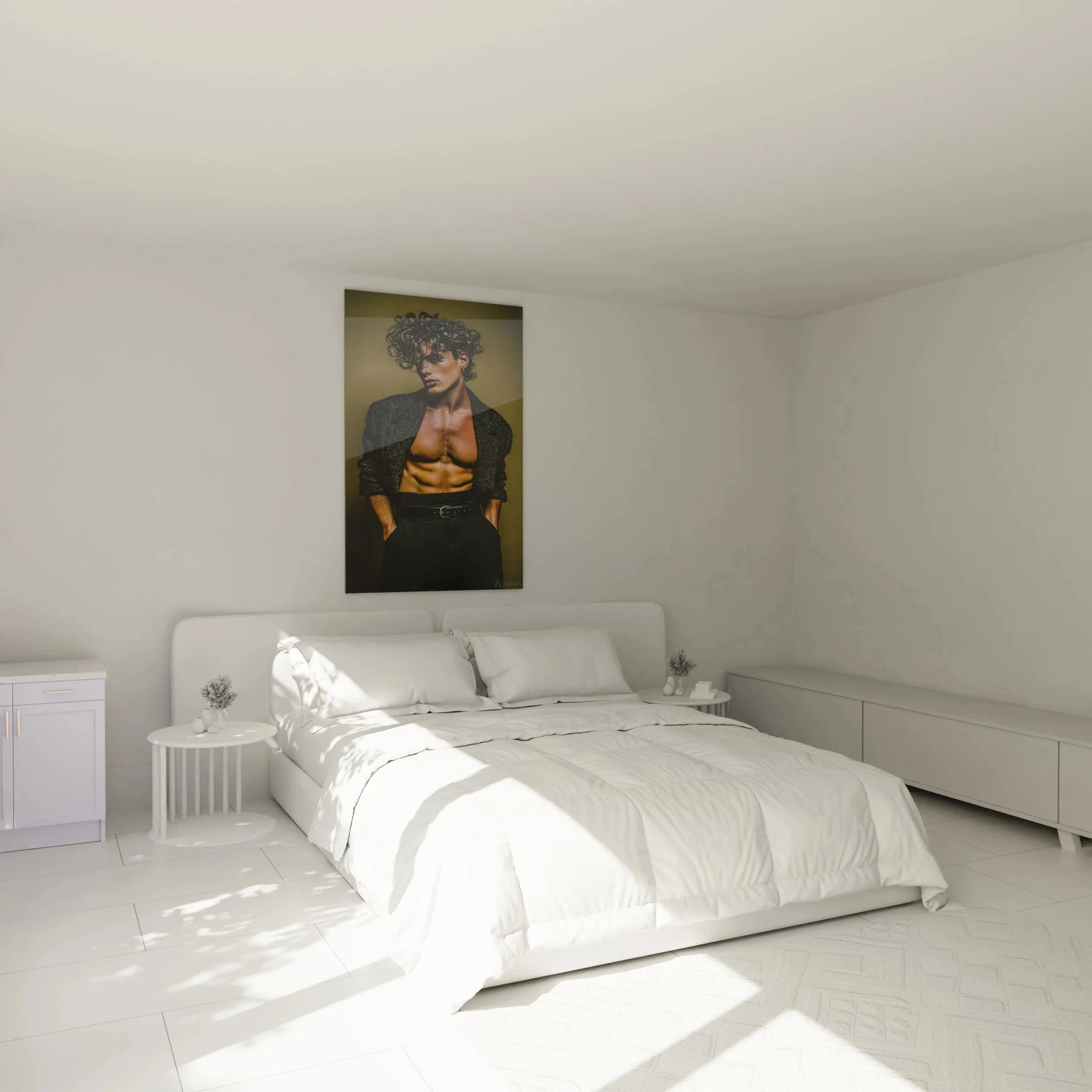 Wandbild XXL männlicher Model in luxuriöser Schlafzimmer-Atmosphäre mit warmer Beleuchtung
