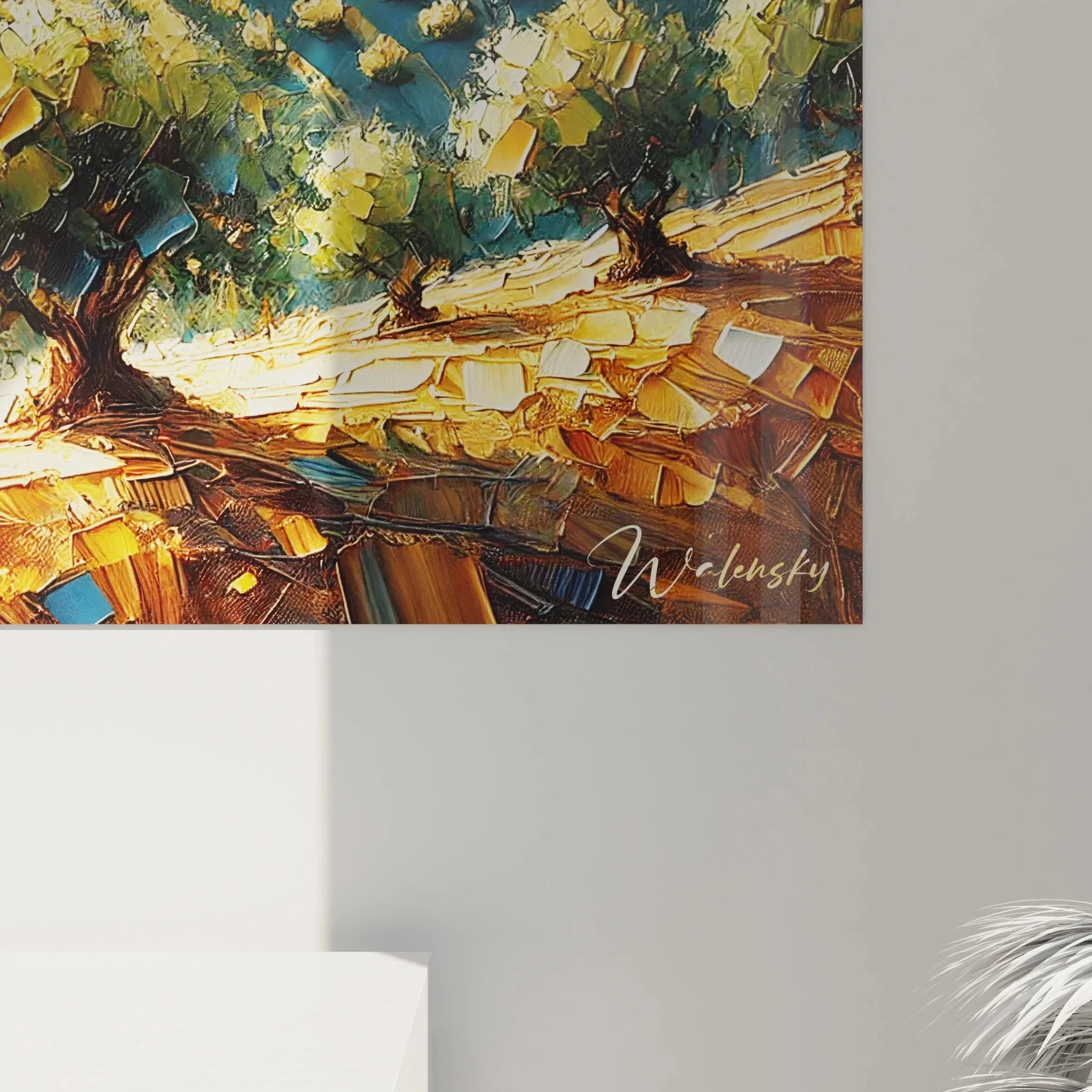 Gesamtansicht Wandbild XXL Olivenhain Spanien mit kompletter mediterraner Berglandschaft und Sonnenstrahlen