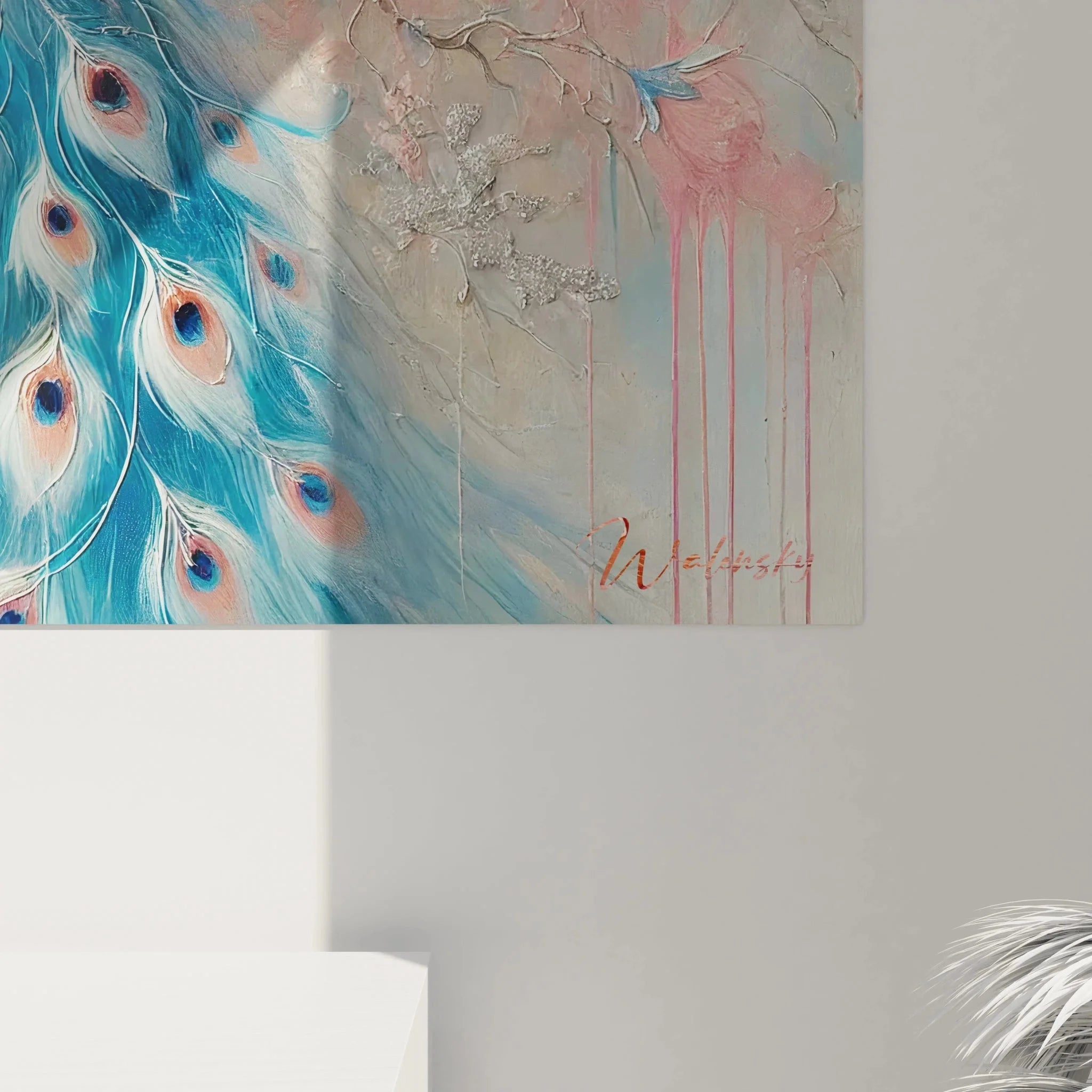 Gesamtansicht Wandbild XXL Pfau mit Kirschblütenzweigen, impressionistische Tiermaler Kunst für Wohnraum