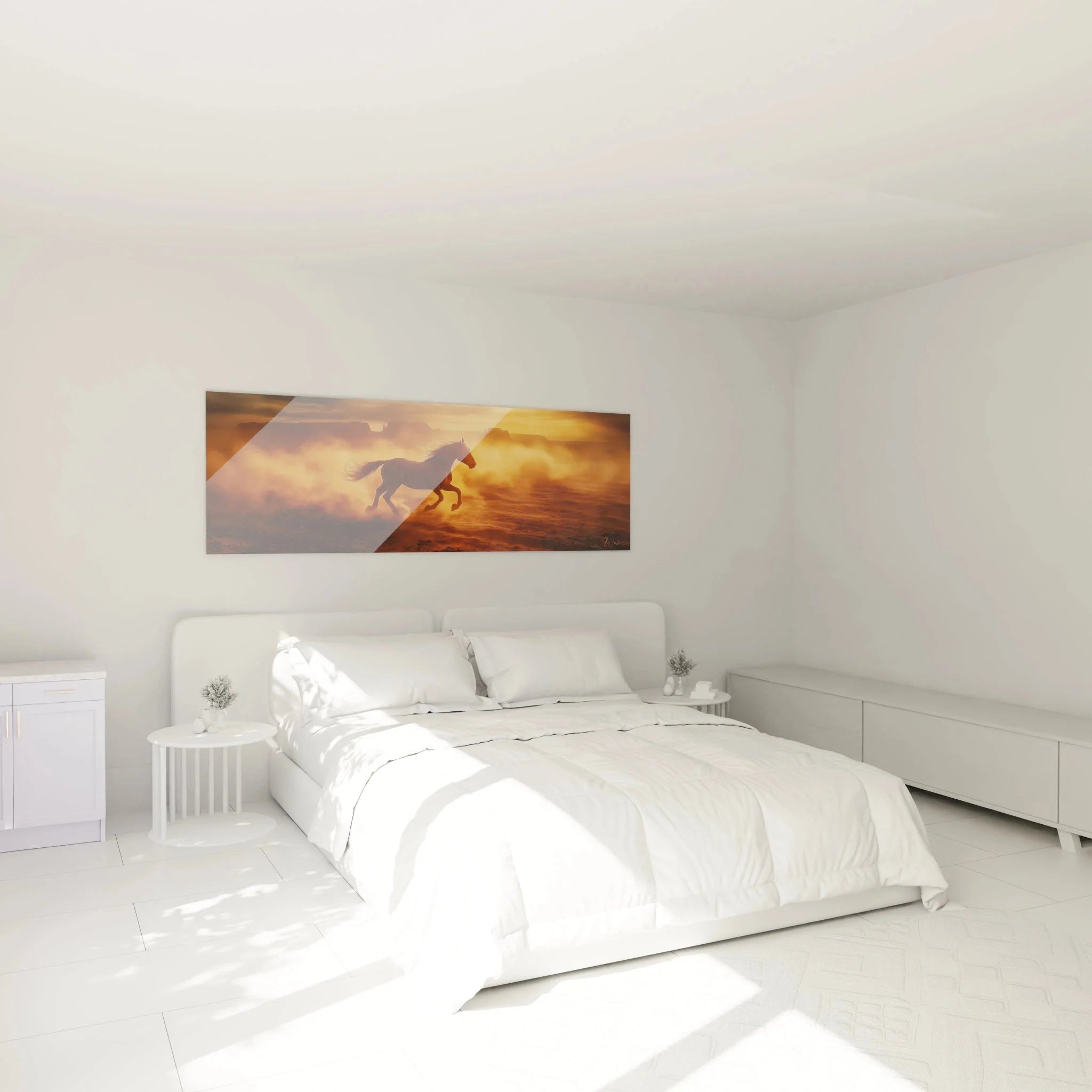Wandbild XXL Pferd Sonnenuntergang als elegante Wanddekoration im modernen Schlafzimmer Ambiente