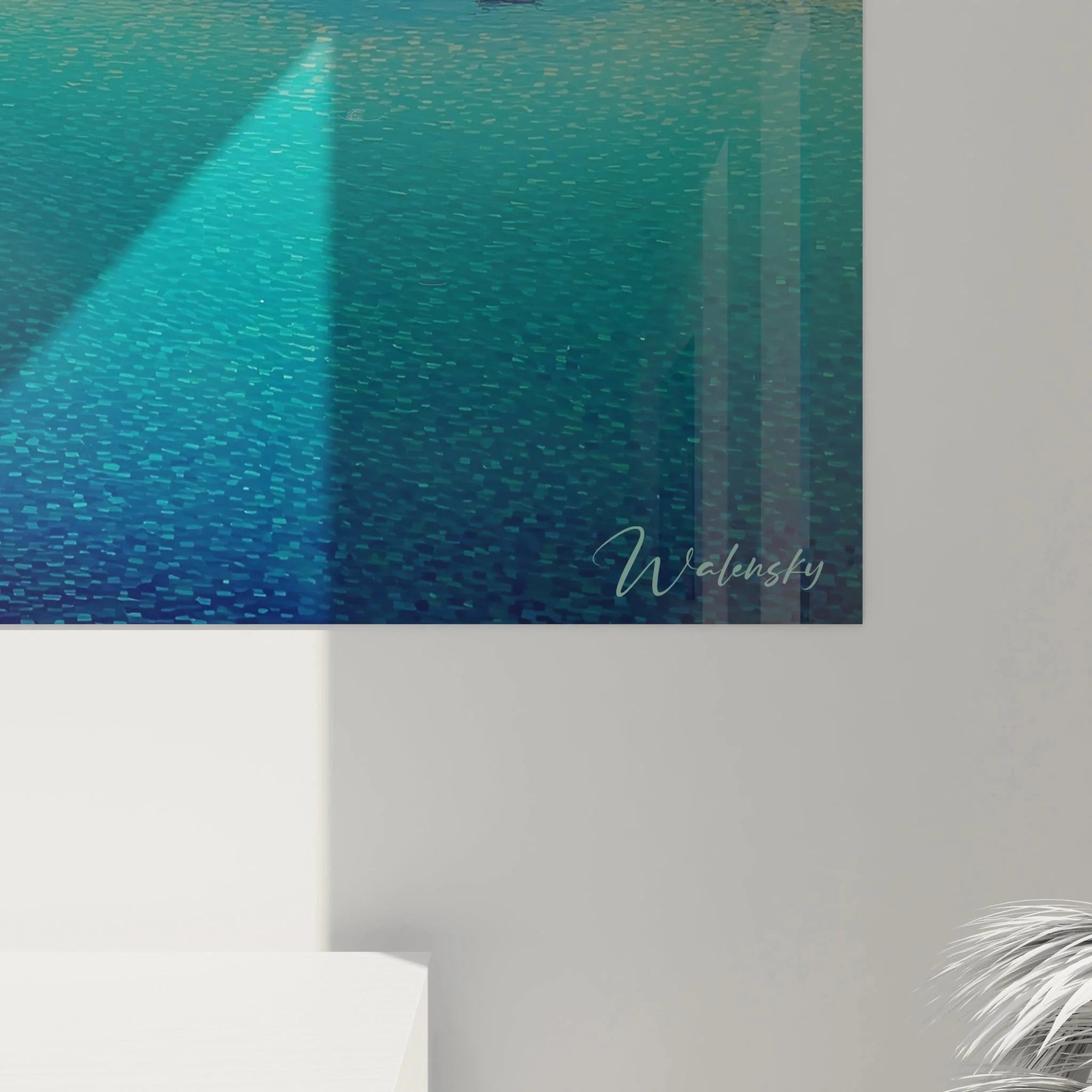 Wandbild Küstenstadt Pointillismus Gesamtansicht mit Meer Hügeln und traditionellen Häusern