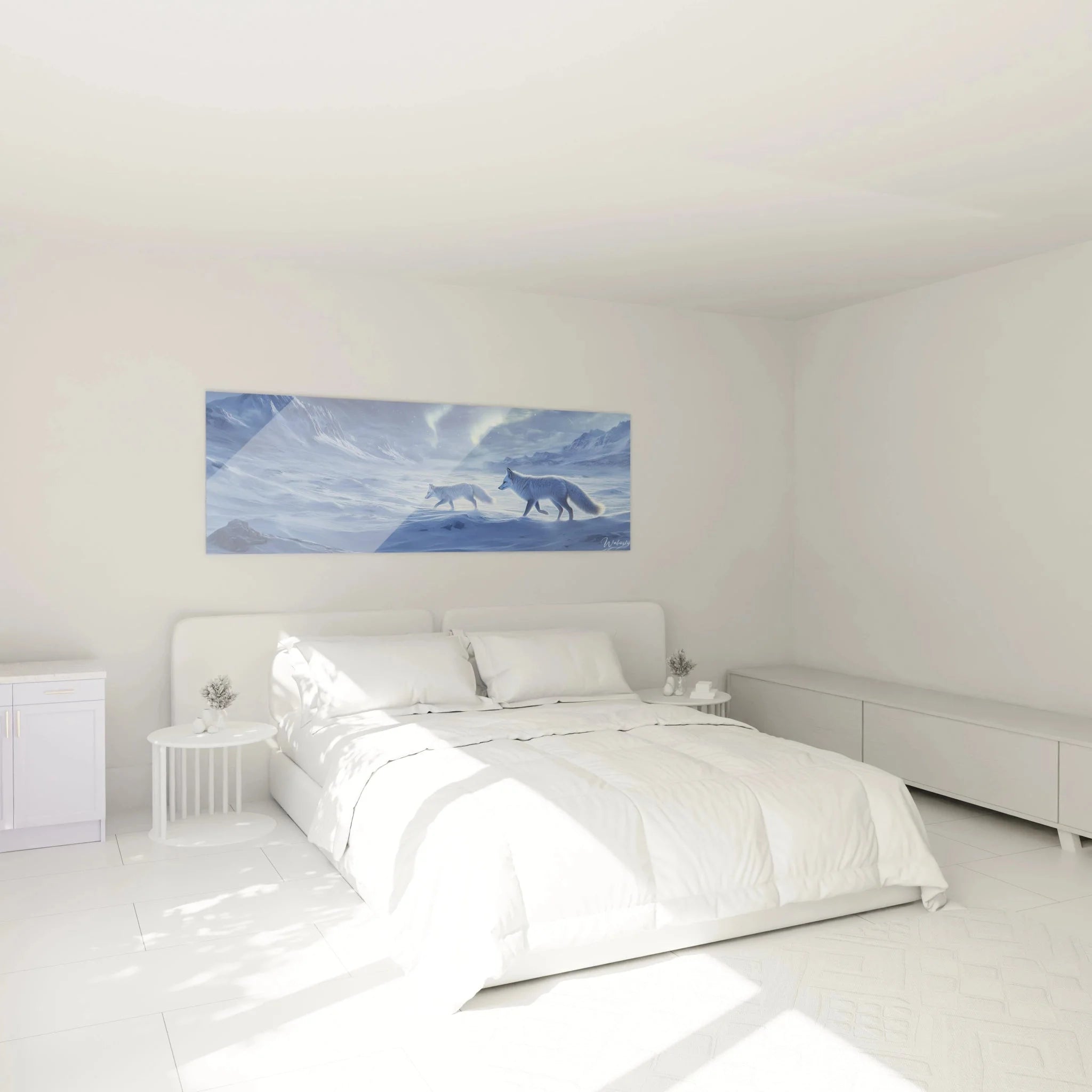 Wandbild XXL Polarfüchse Arktis in modernem Schlafzimmer Ambiente Wanddekoration