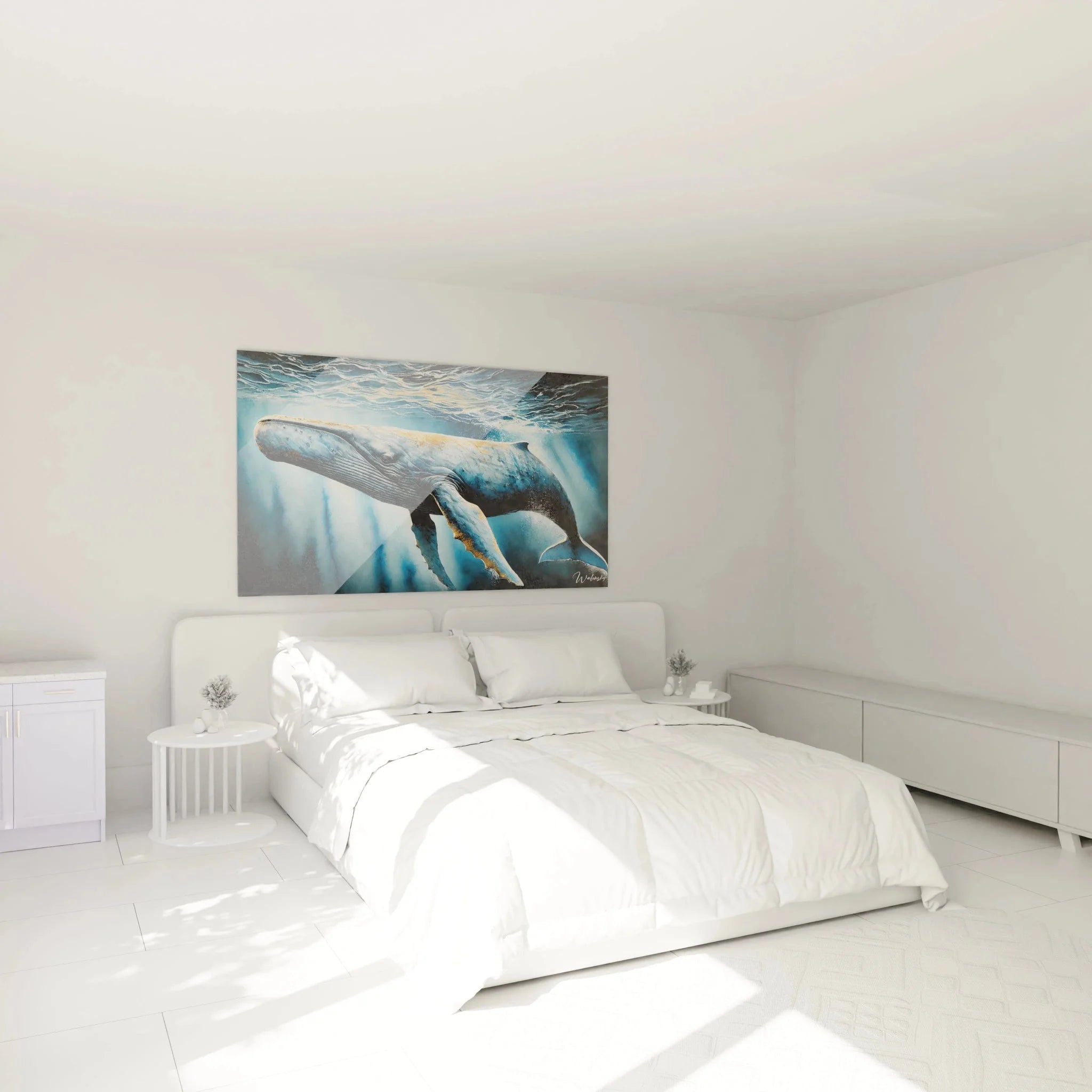 Wandbild XXL Pottwal als elegante Schlafzimmer Dekoration mit beruhigenden Blautönen und Wal Motiv