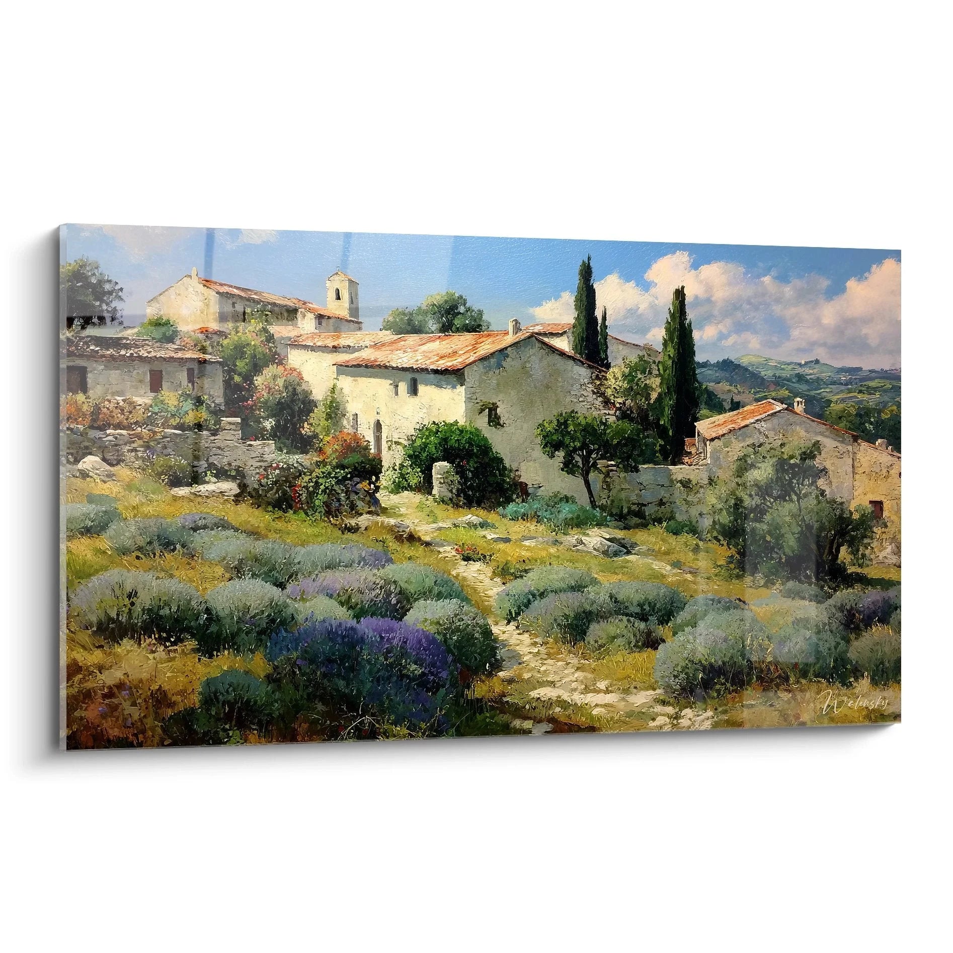 Wandbild XXL mediterrane Provence mit Bergdorf und Lavendelfeld in warmen Farbtönen