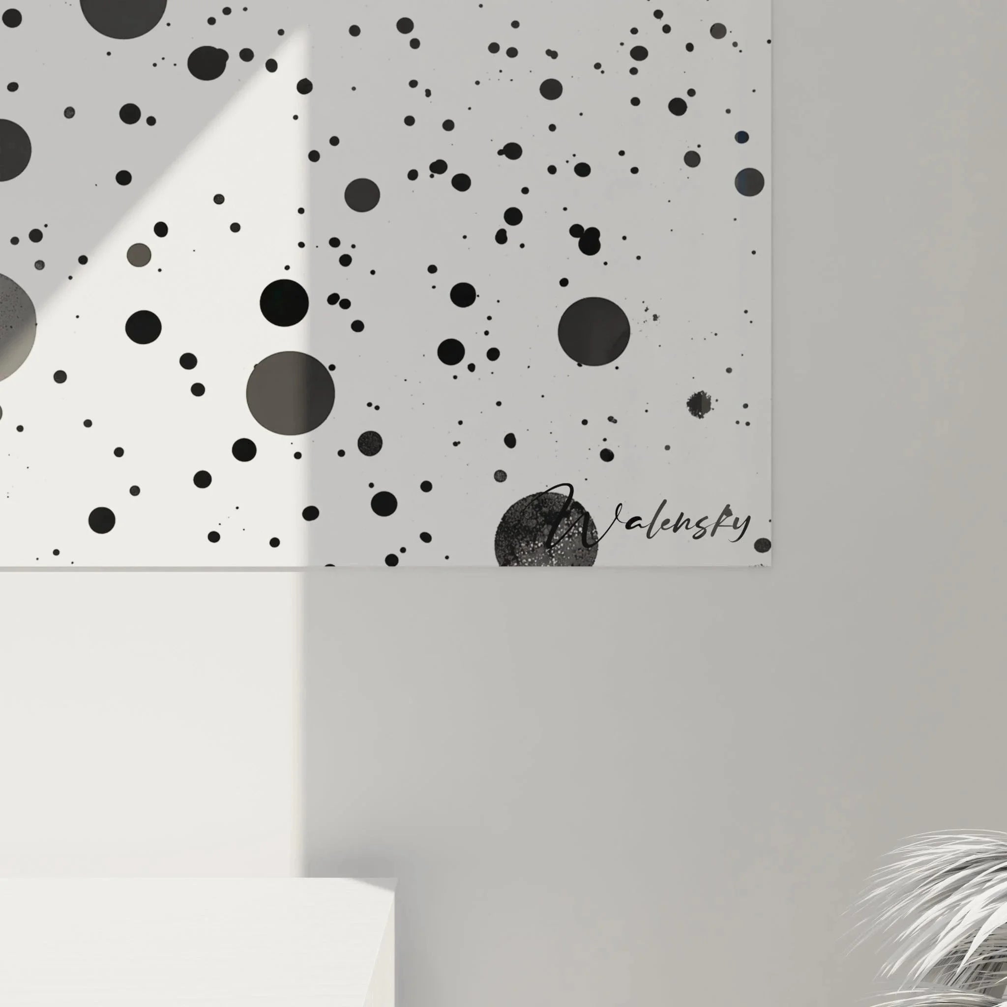 Gesamtansicht Wandbild XXL Punktdesign, schwarz-weiße geometrische Wanddekoration im Dalmatiner-Stil