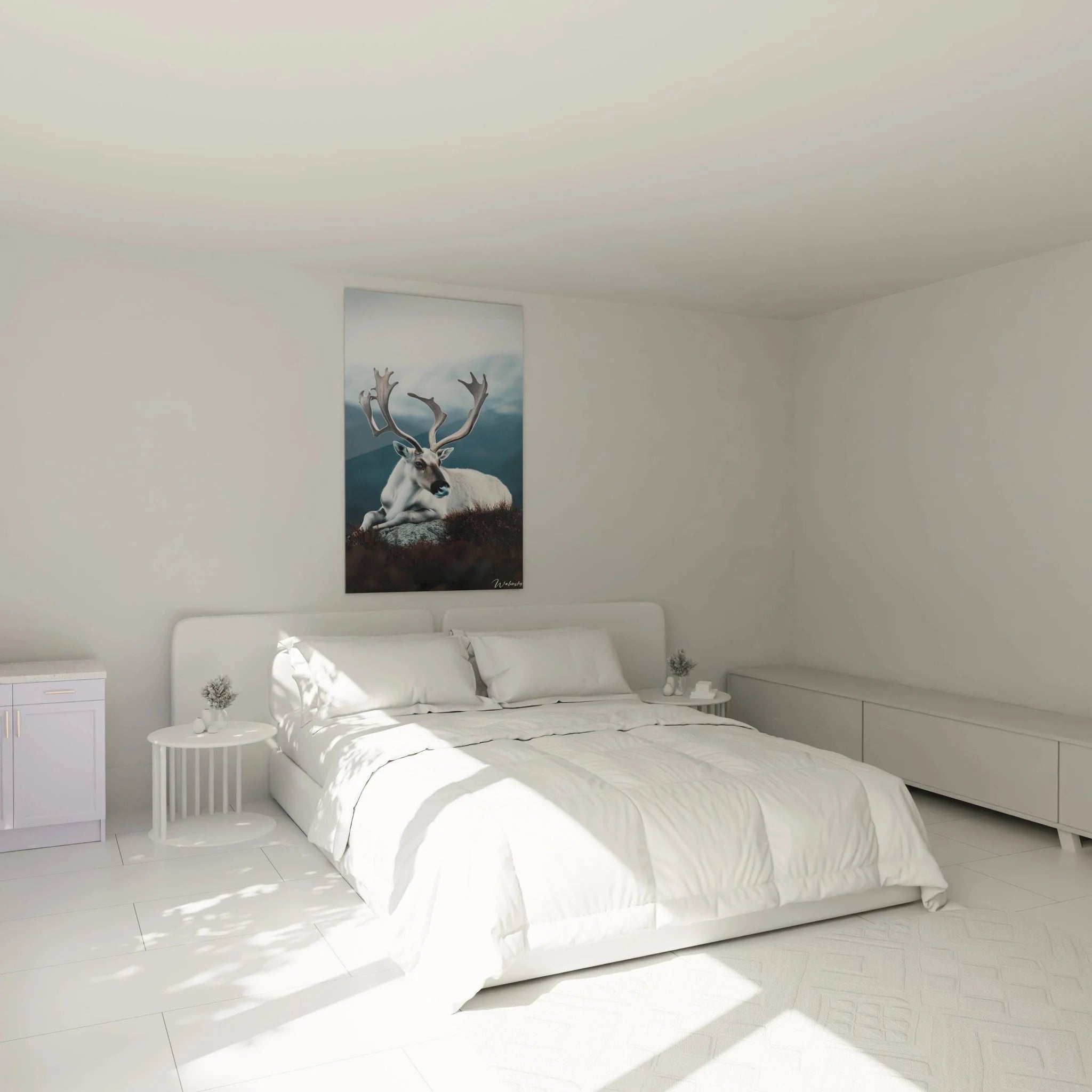 Wandbild XXL Rentier in Schlafzimmer Ambiente - Nordische Tiere Wanddeko weißer Hirsch