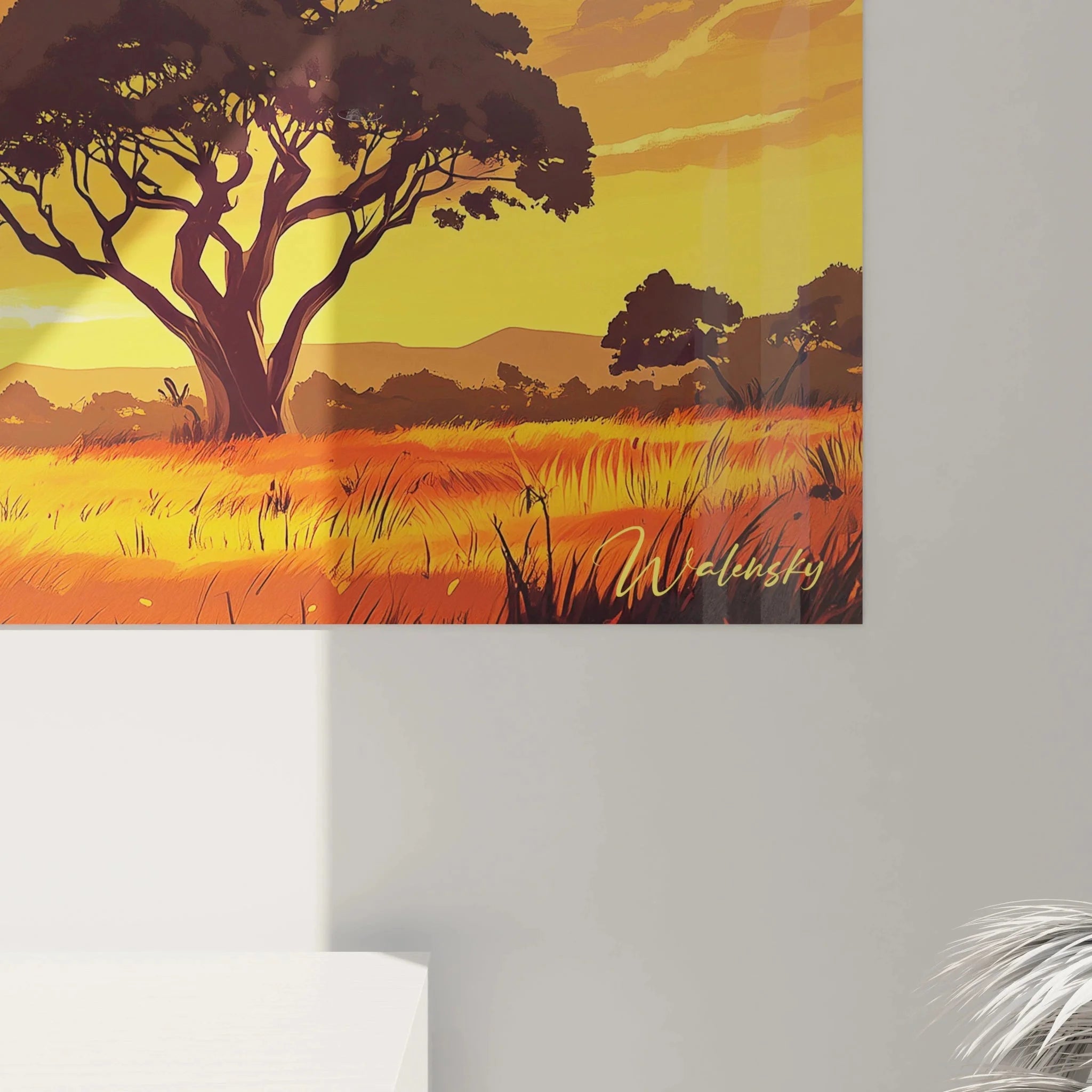 Gesamtansicht Wandbild XXL Savanne Afrika - Sonnenuntergang Landschaft mit Bäumen und Grasland