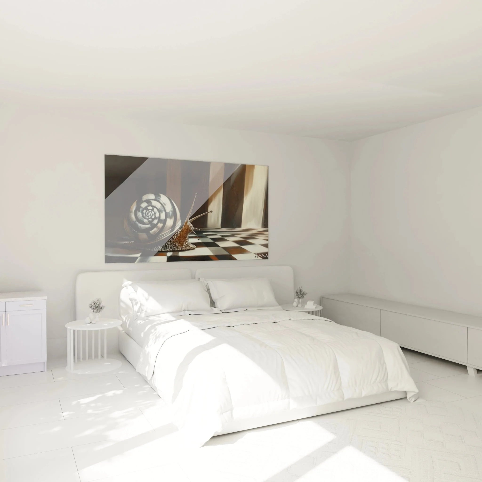 Wandbild XXL Schnecke Spirale in modernem Schlafzimmer - surrealistische Wandkunst Dekoration