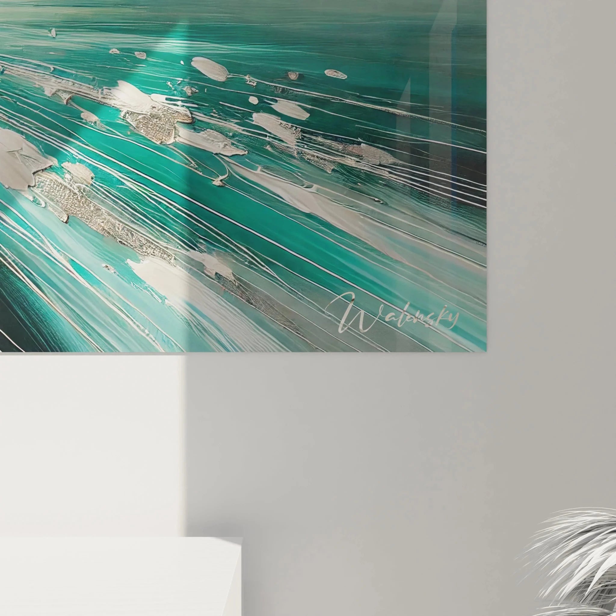 Wandbild XXL Segelboot Gesamtansicht abstrakte maritime Kunstwerk in Türkis und Grautönen