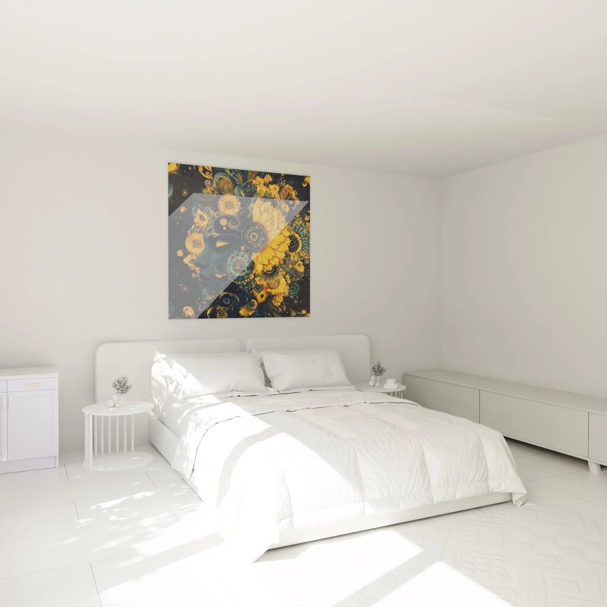Wandbild XXL Sonnenblumen Portrait in modernem Schlafzimmer - goldene Wanddekoration Fraktal
