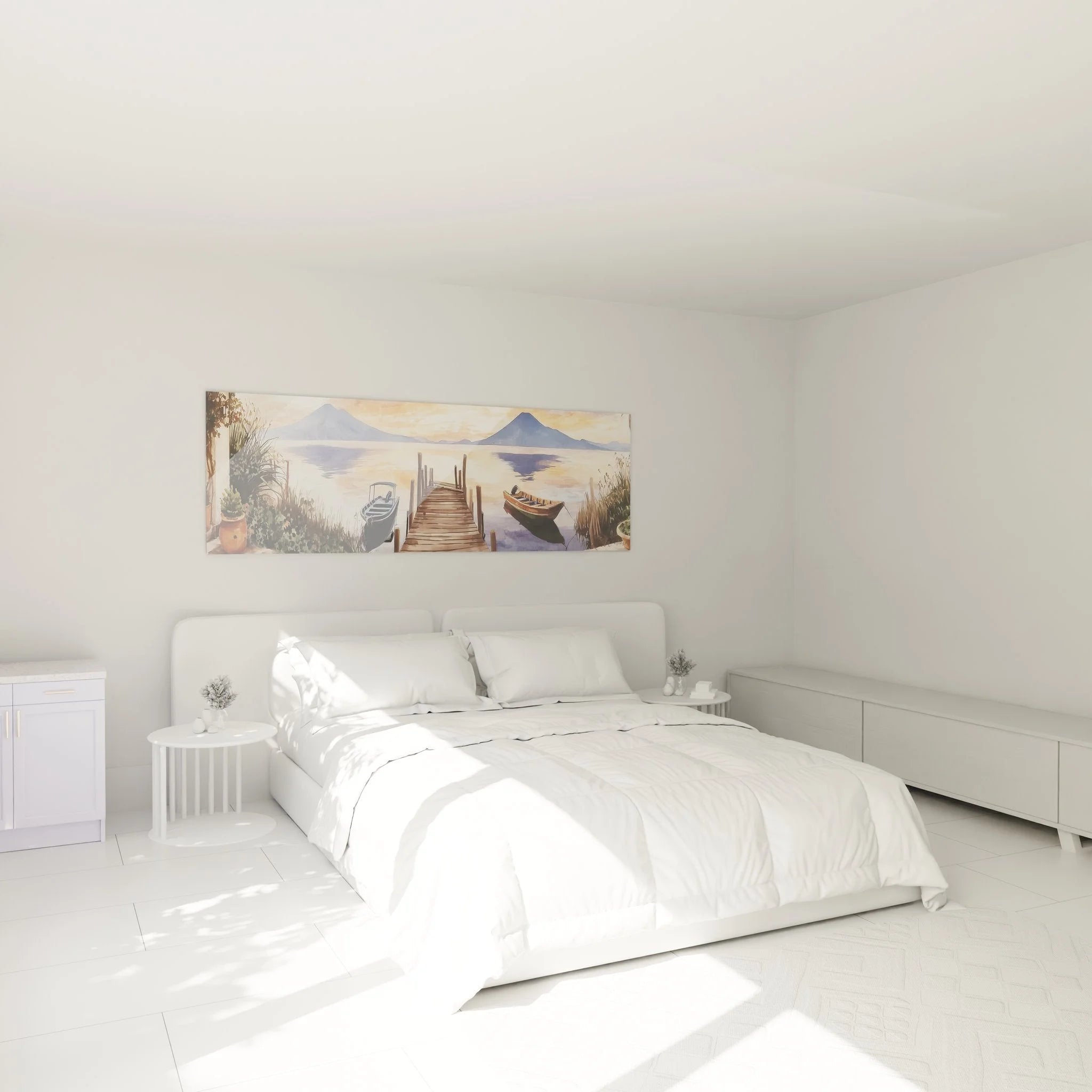 Wandbild XXL Steg am See in modernem Schlafzimmer, maritime Wanddekoration