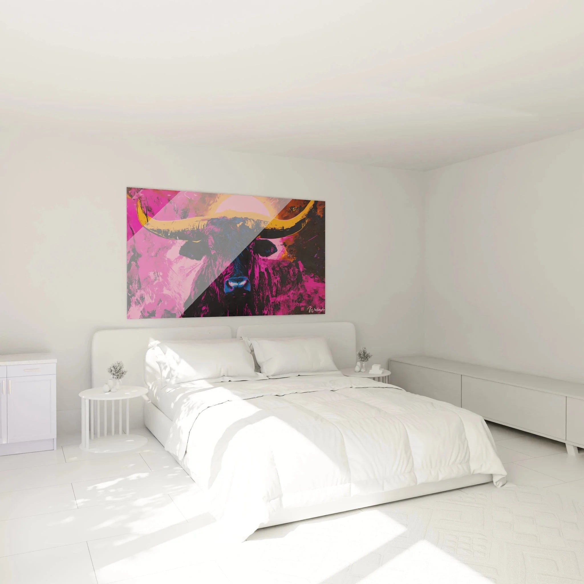 Wandbild XXL Stier Pink Orange in modernem Schlafzimmer - Edition Goya Wanddekoration