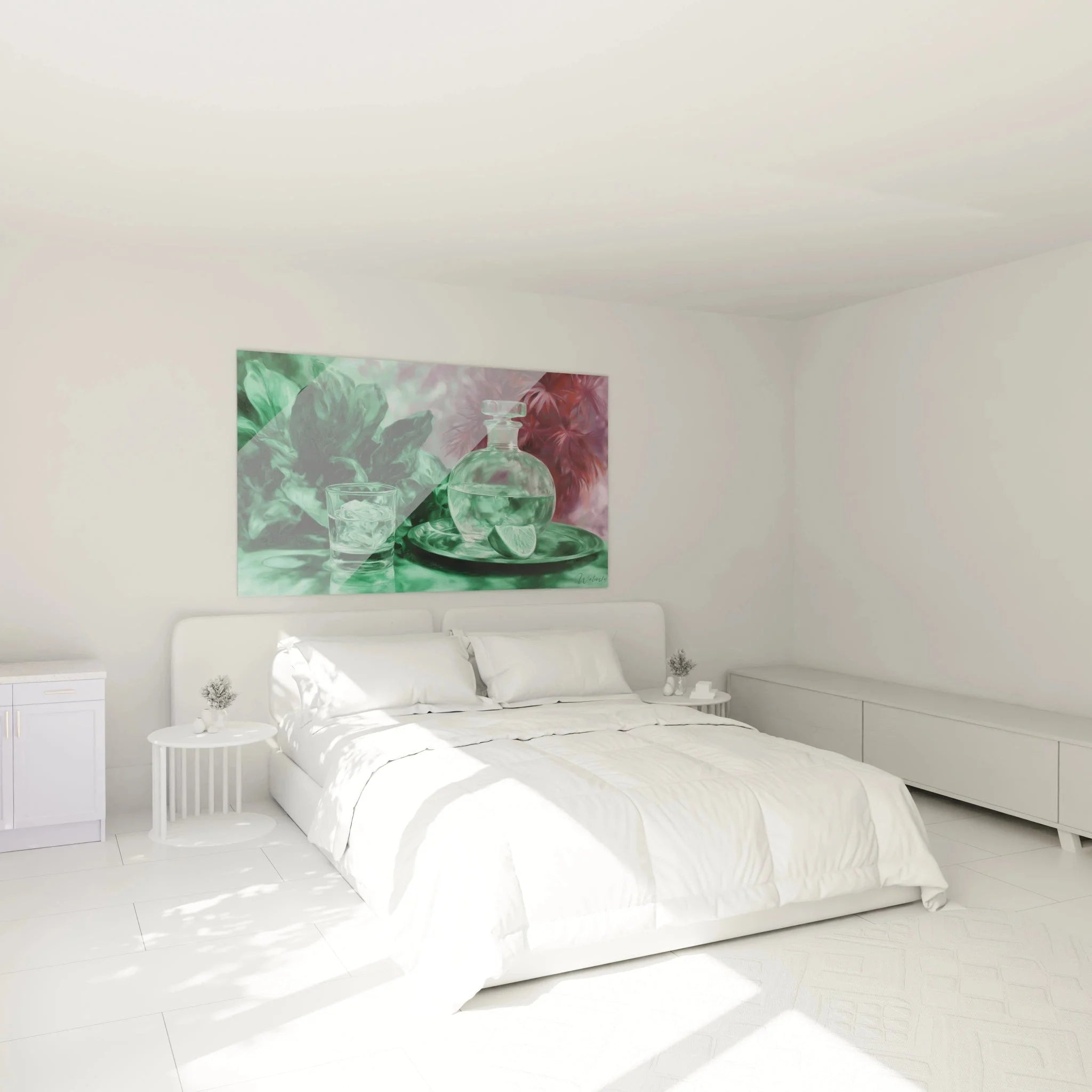 Wandbild XXL Stillleben Glaskaraffe in modernem Schlafzimmer - hyperrealistische Kunst
