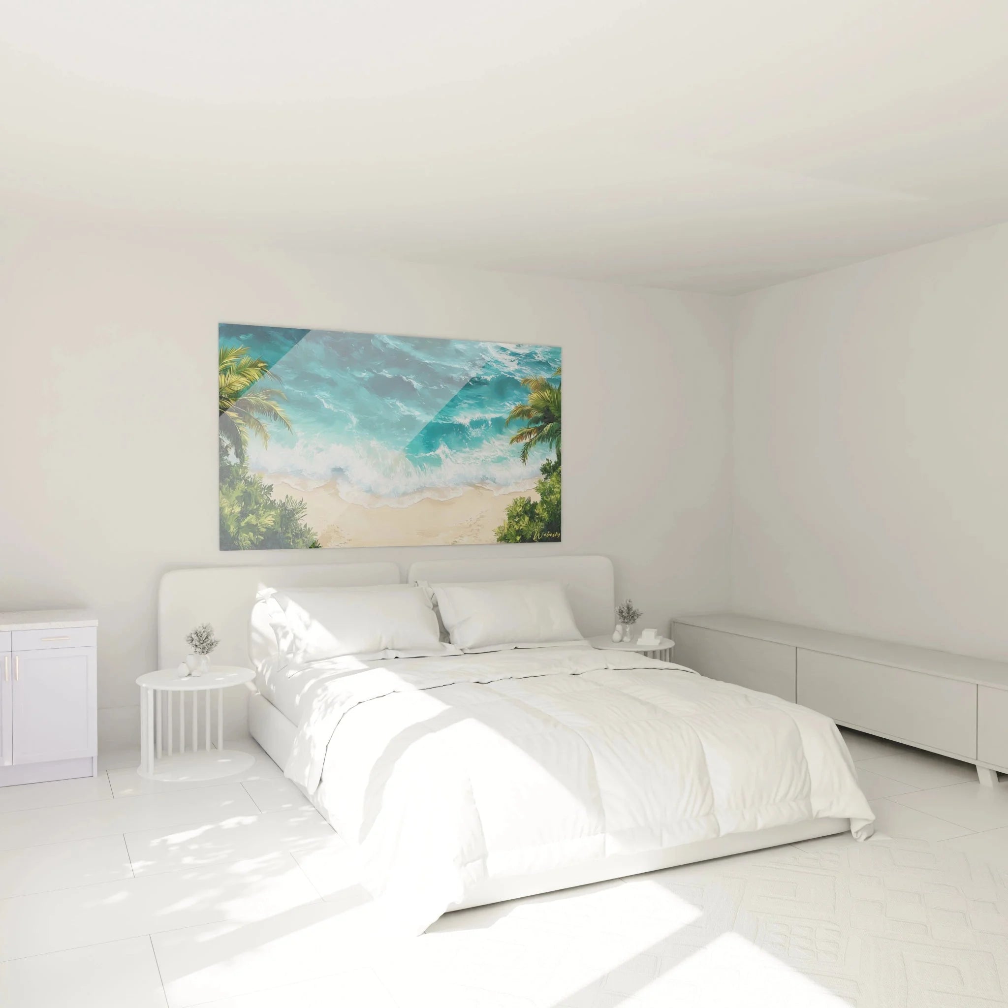 Tropisches Wandbild XXL Strand im Schlafzimmer - türkisfarbenes Meer mit Palmen als Wanddeko