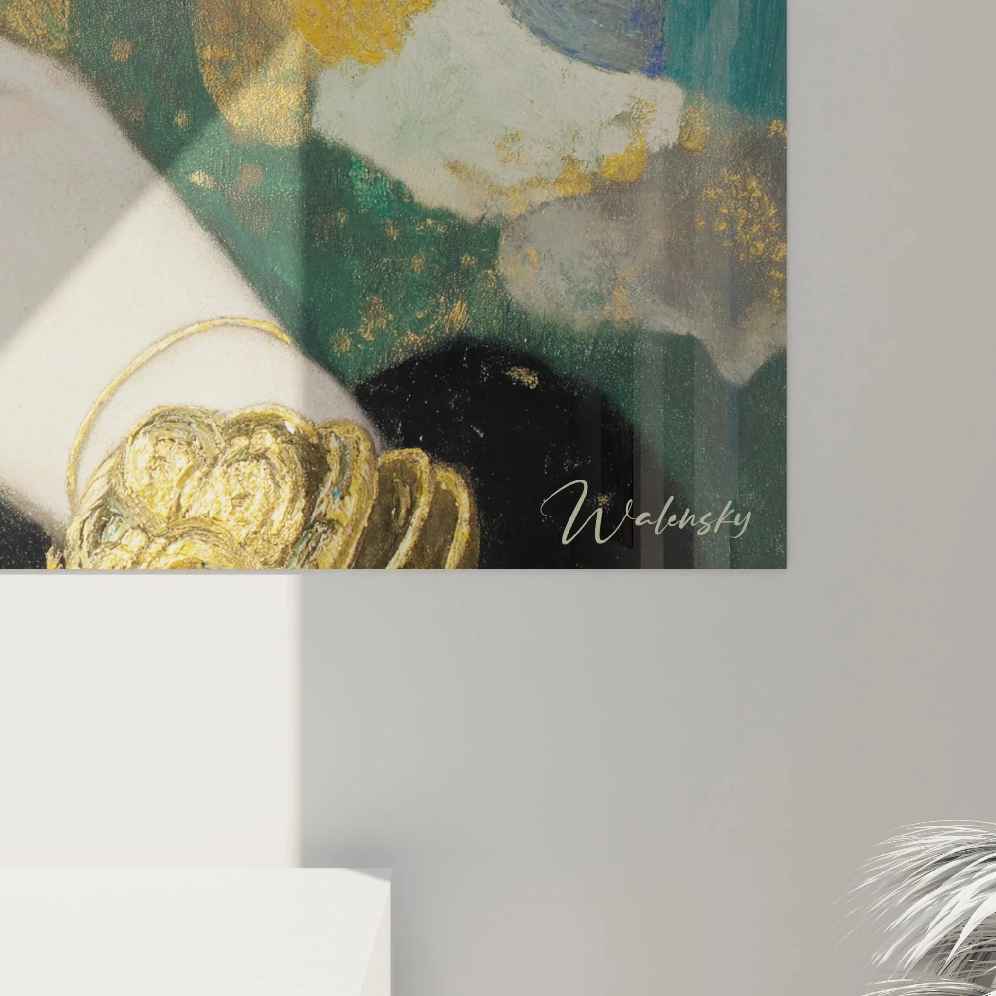 Gesamtansicht Wandbild Symbolismus mit träumerischer Frau, dekorative Elemente, Kunstwerk Wohnraumdeko