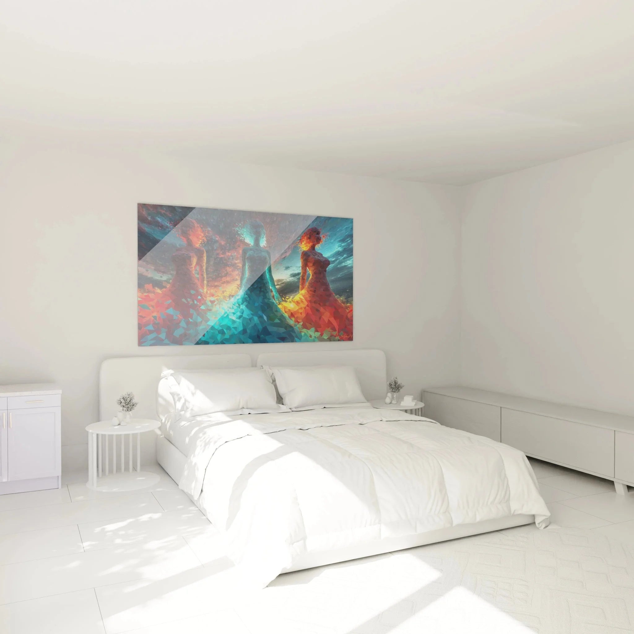 Modernes Wandbild XXL drei Tänzerinnen polygonal Stil als Schlafzimmer Dekoration Haute Couture