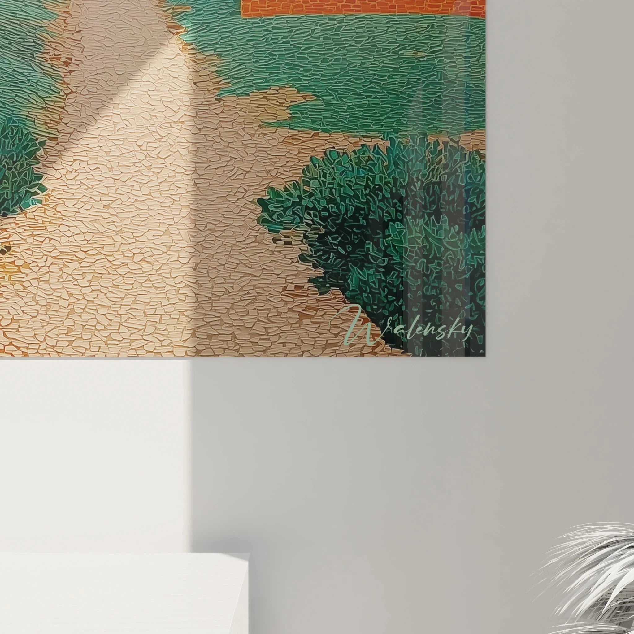 Gesamtansicht Wandbild XXL mediterrane Landschaft Pointillismus mit toskanischer Villa und Vegetation