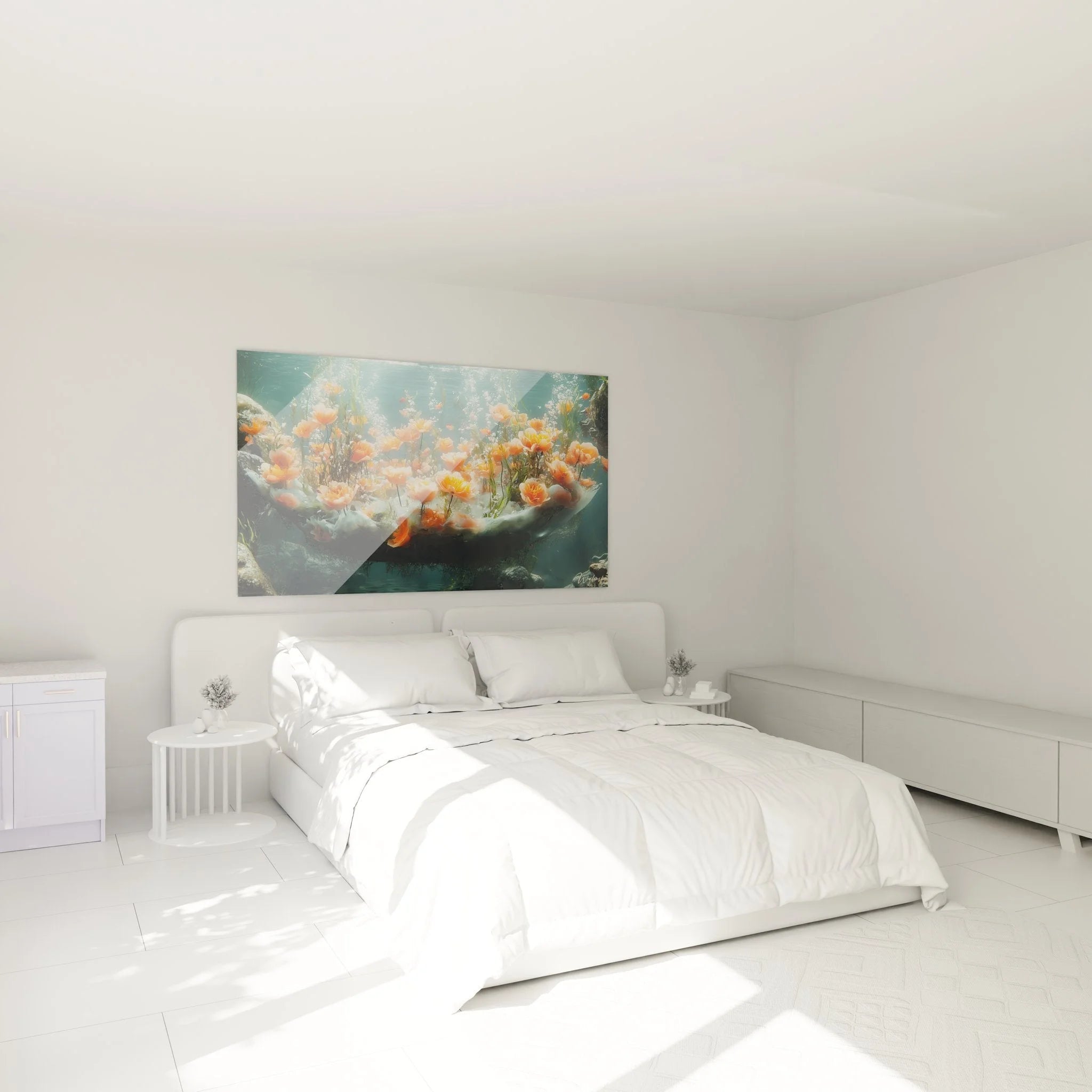 Wandbild XXL Unterwasser Blumen in modernem Schlafzimmer als außergewöhnliche Wanddekoration über dem Bett