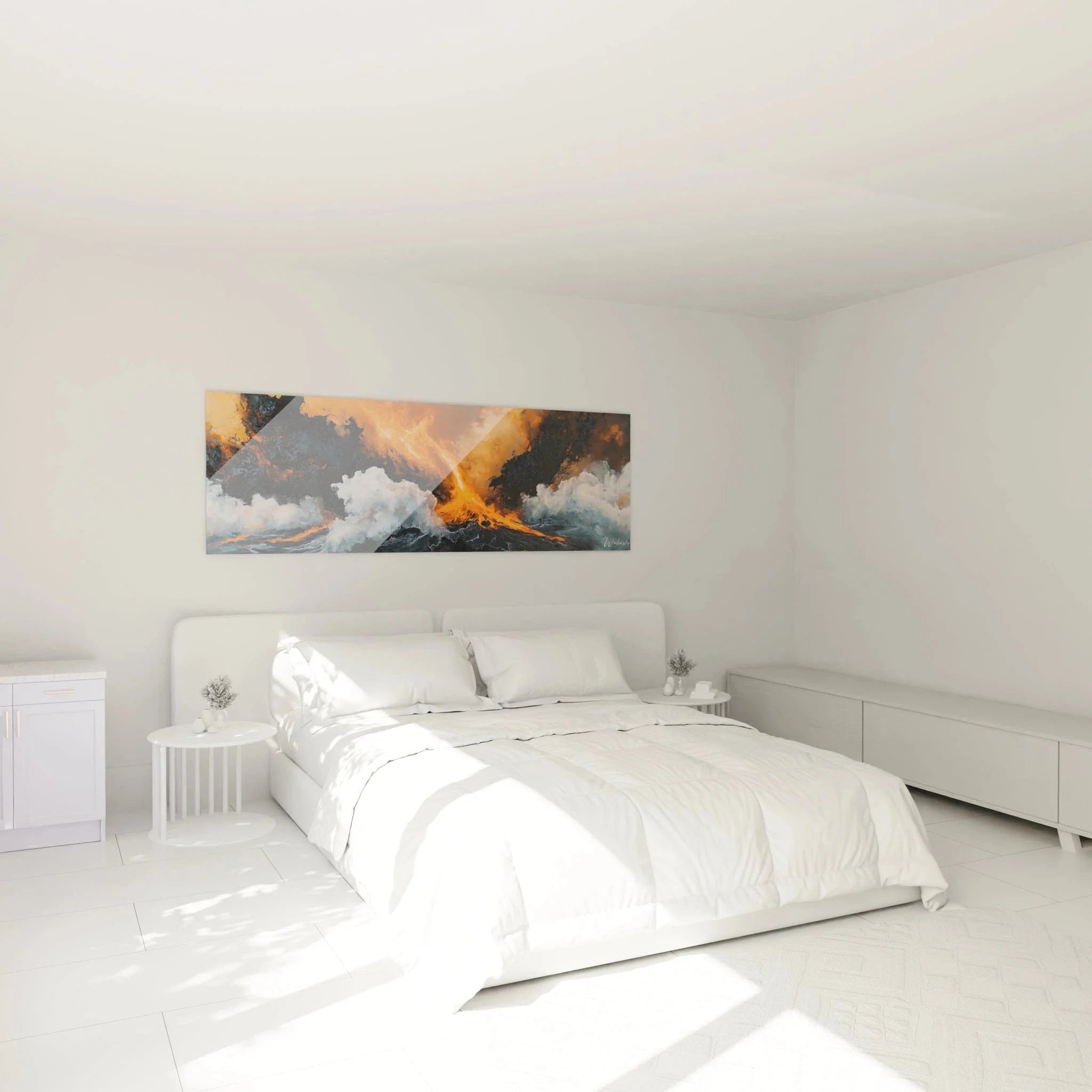 Wandbild XXL Vulkan in modernem Schlafzimmer, expressionistische Malerei mit intensiven Farben