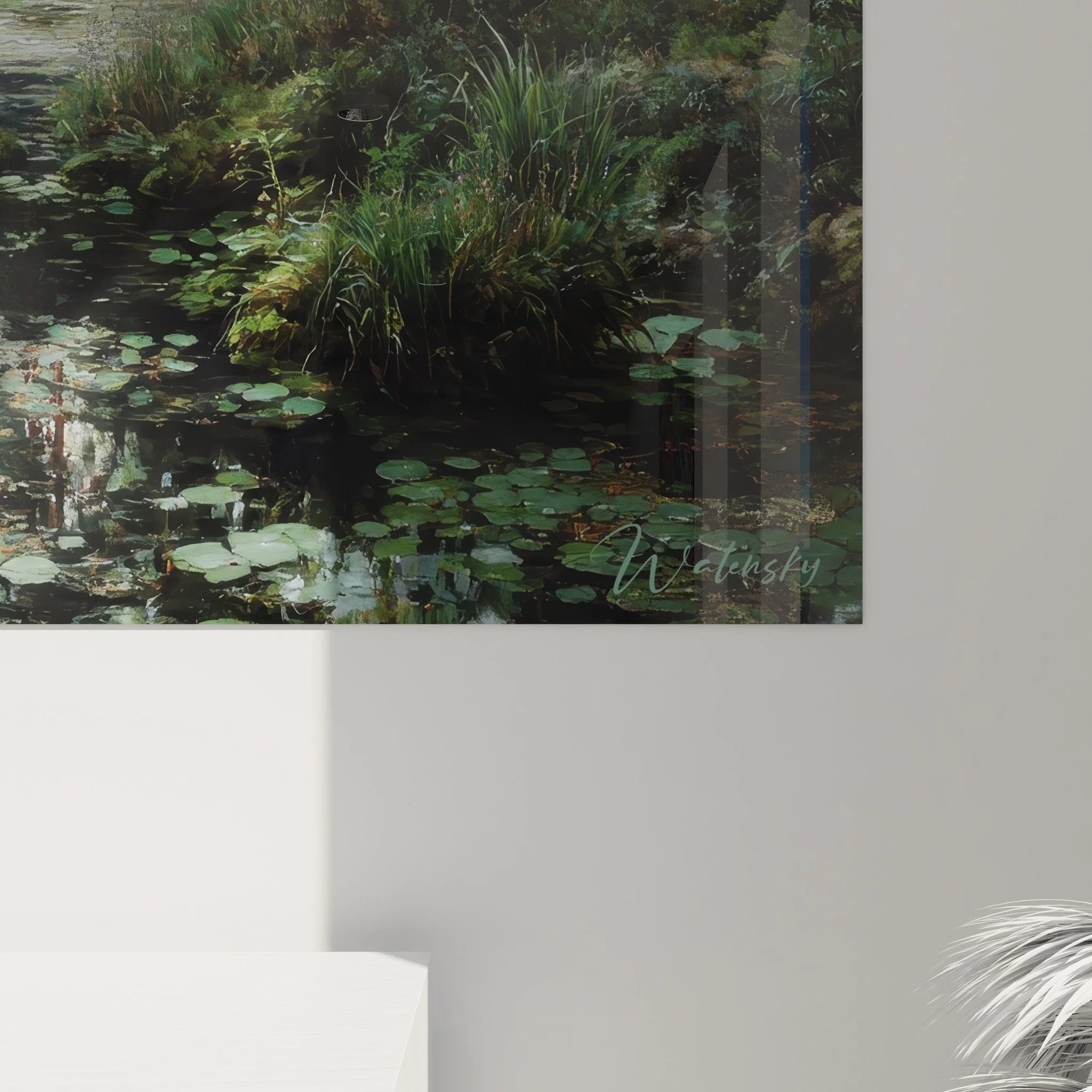 Gesamtansicht Wandbild XXL Waldbach - mystische Sumpflandschaft mit Nebel und Bäumen